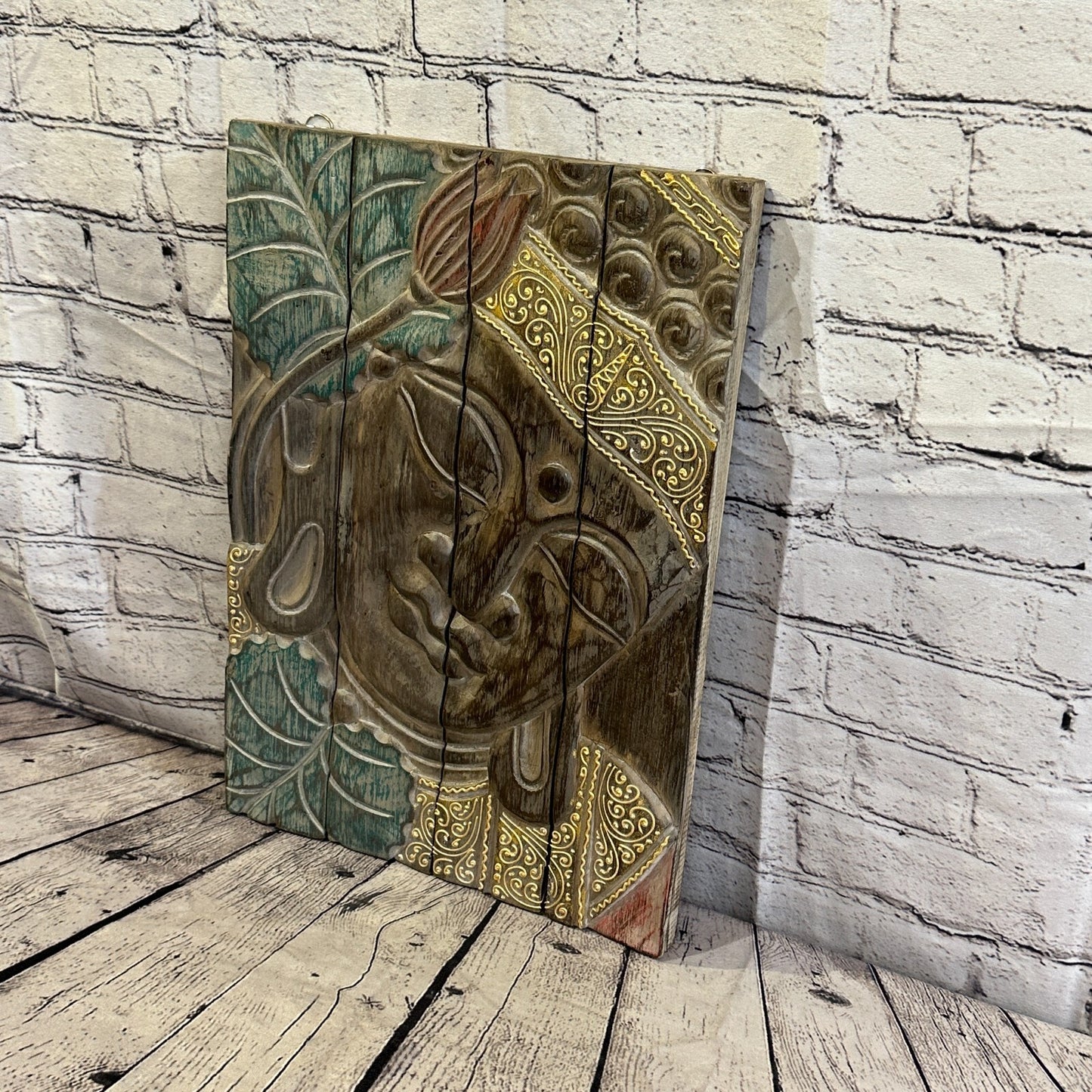 Wooden Wood Panel 45cm Pastel Colour Buddha Lotus Wall Art Plaque Handcarved