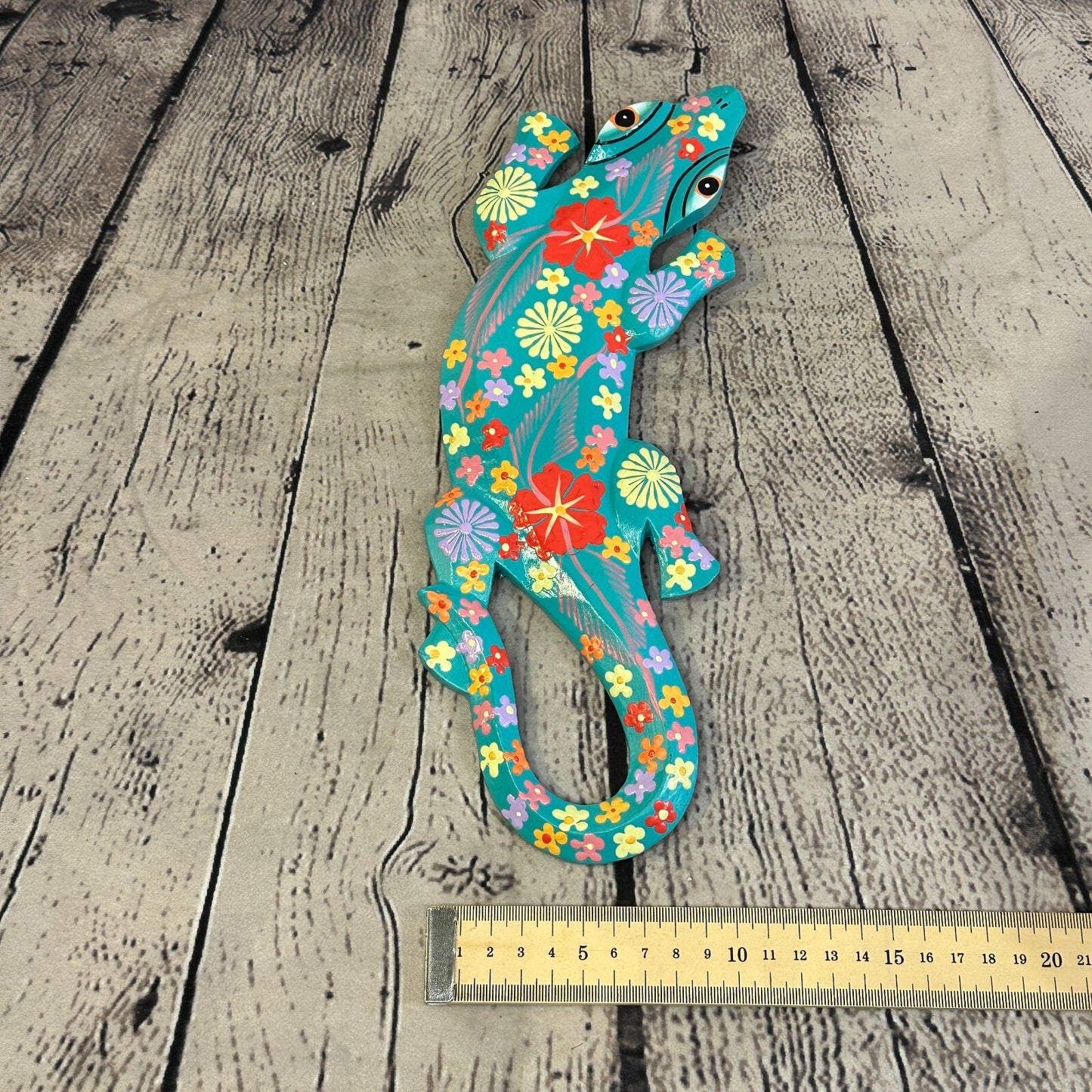 30cm Gecko Lizard Light Blue Flower Wood Wall Hanging Wooden Ornaments Carving