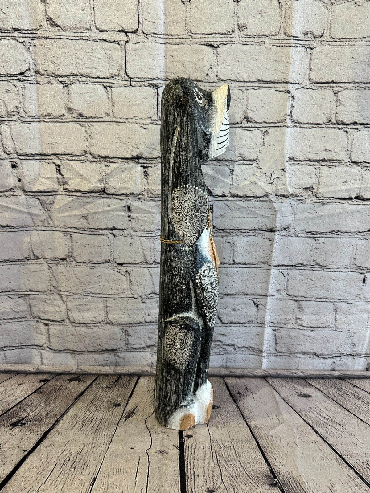 50cm Grey Flower Wooden Shabby Dog Statue Ornament Fair Trade Handcarved