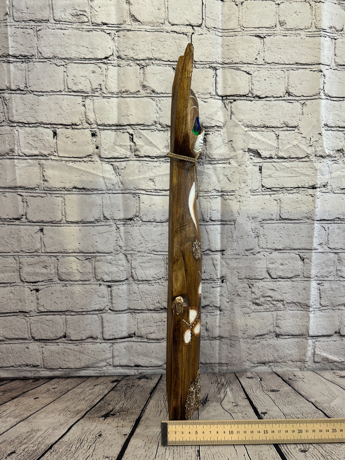 60cm Brown Swirl Flower Wooden Shabby Cat Statue Ornament Fair Trade Handcarved