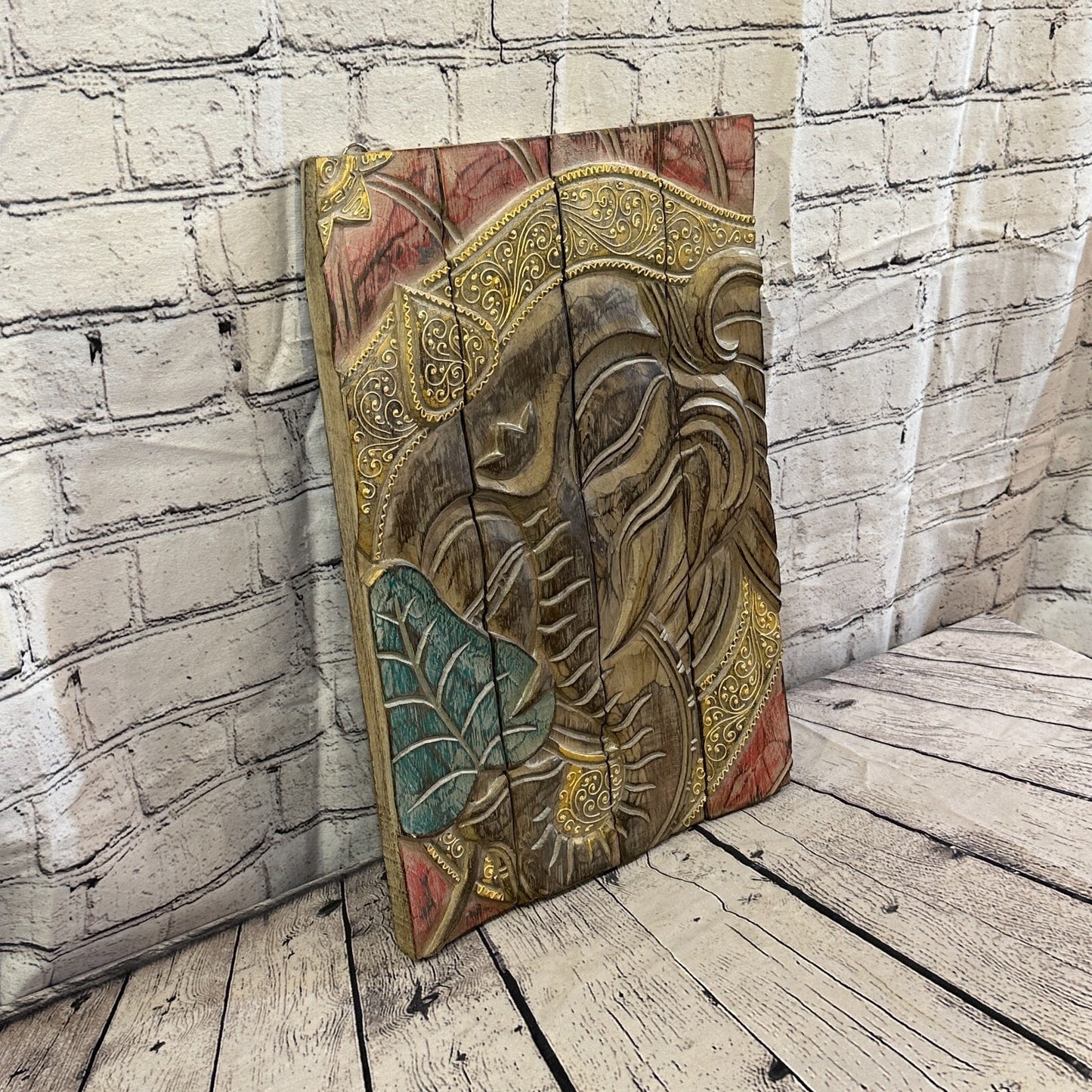 Wooden Wood Panel 45cm Pastel Colour Ganesh Lotus Wall Art Plaque Handcarved