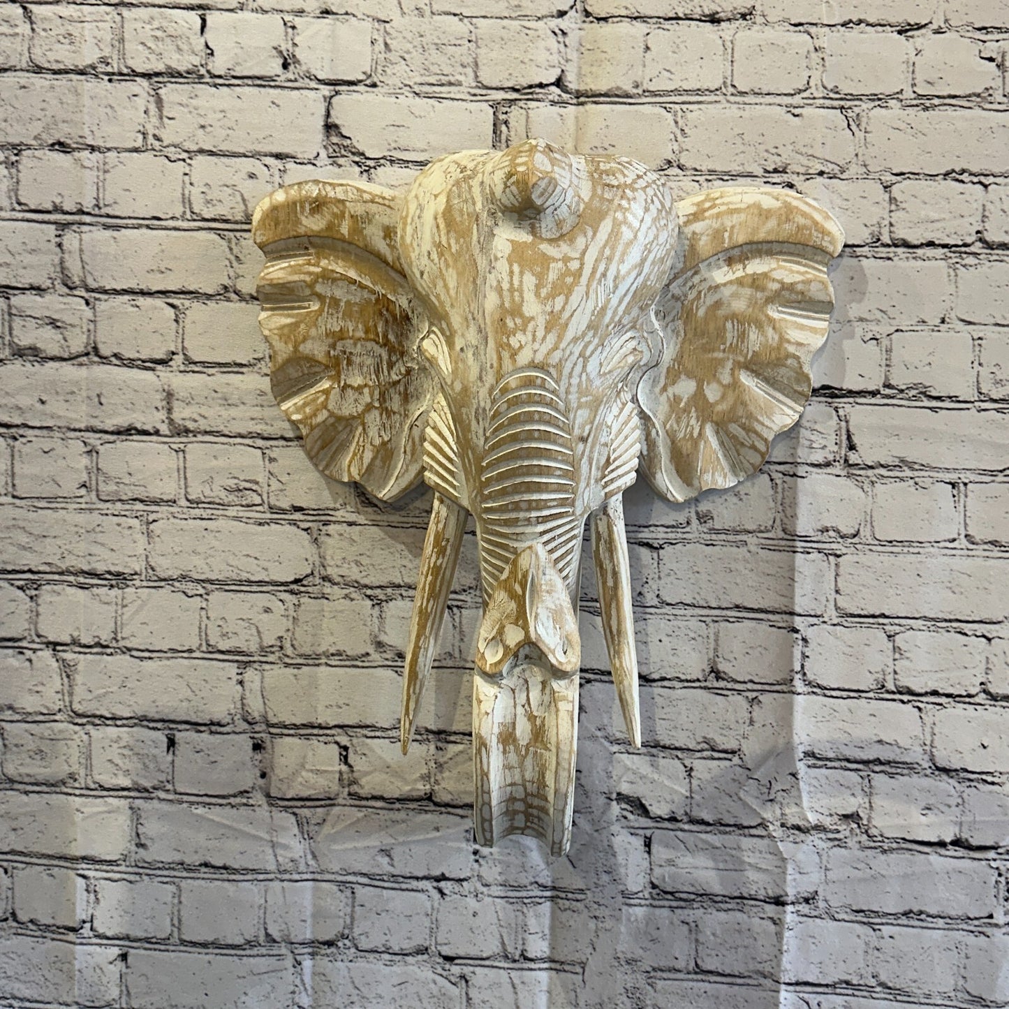 50cm x 40cm Cream White Carved Wood Elephant Head Wall Mounted Art Large Shabby