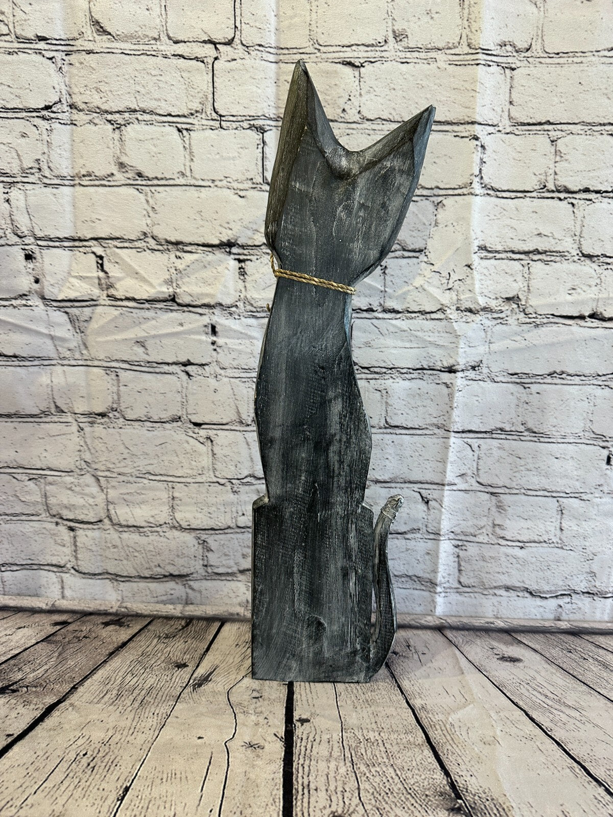 50cm Grey Swirl Flower Wooden Shabby Cat Statue Ornament Fair Trade Handcarved
