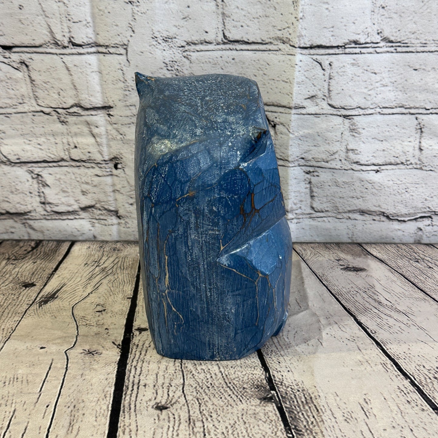 20cm x 15cm Blue Flower Wooden Shabby Owl Statue Ornament Fair Trade Handcarved