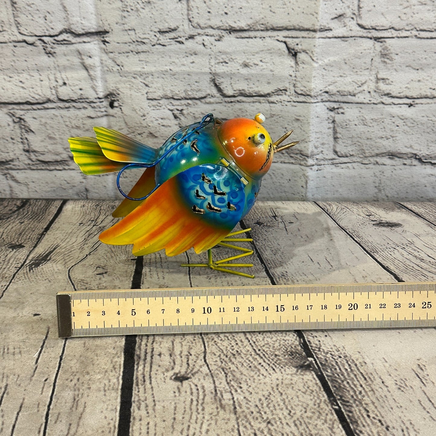 15cm x 15cm Orange Blue Bird Metal Tin Wall Hanging Ornament Painted Statue