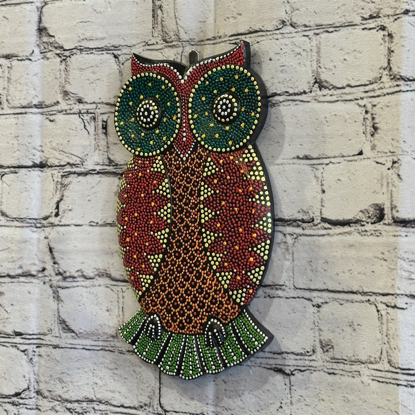 30cm Owl Carved Wooden Dot Painted Ethnic Tribal Tiki Wall Art Handmade No 4