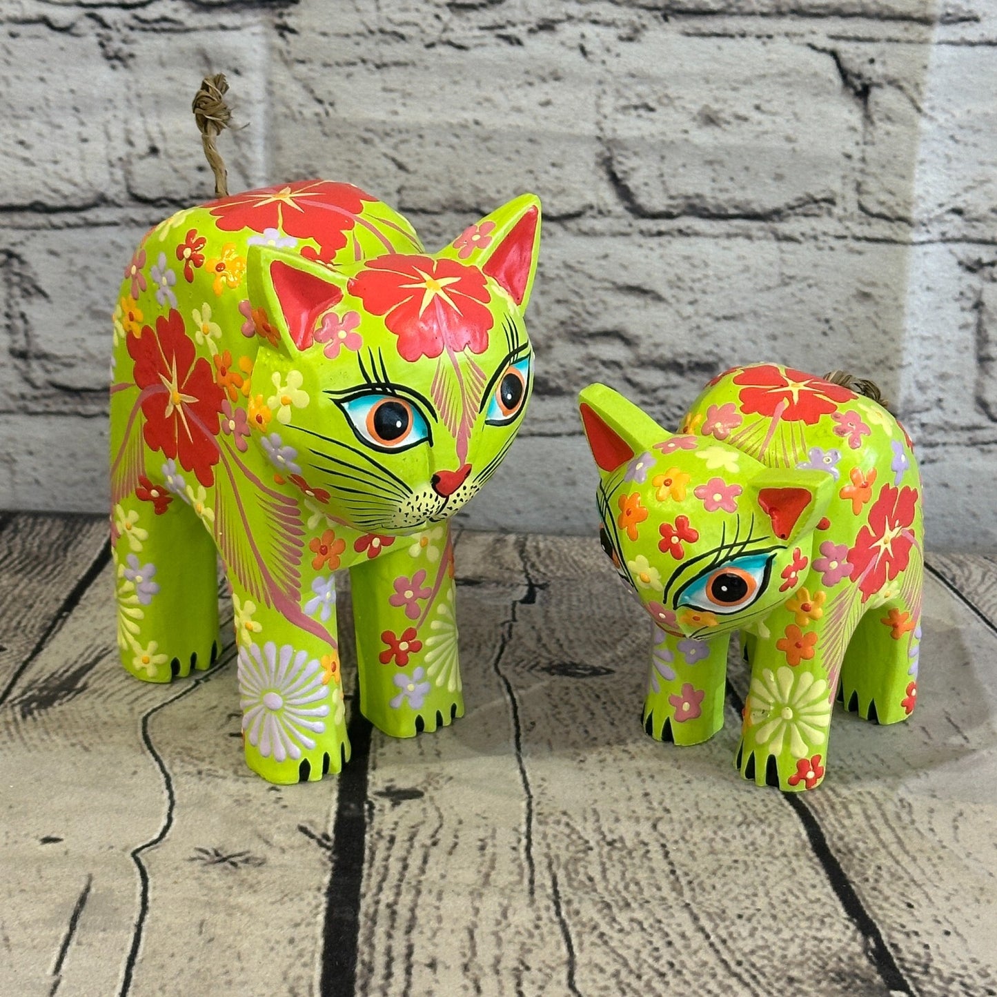 Green Small Wooden Cat With Flower Pattern 10cm x 8cm Handmade and Fairtrade