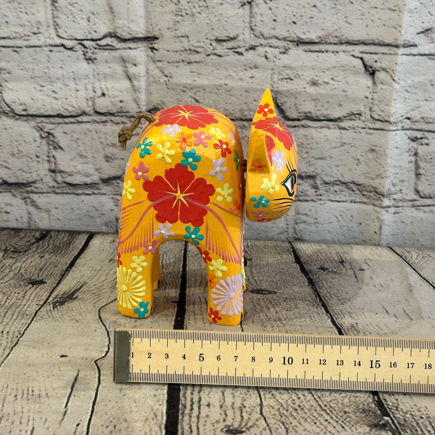 Orange Large Wooden Cat With Flower Pattern 15cm x 10cm Handmade and Fairtrade