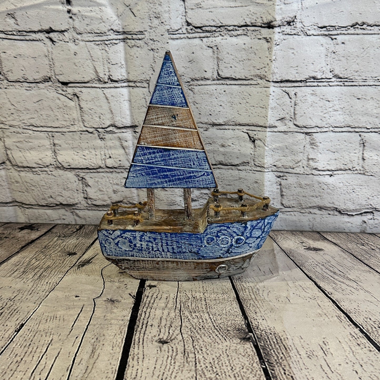 25cm Rustic Wooden Brown & Blue Sailing Boat Nautical Ornament Sculpture Decor