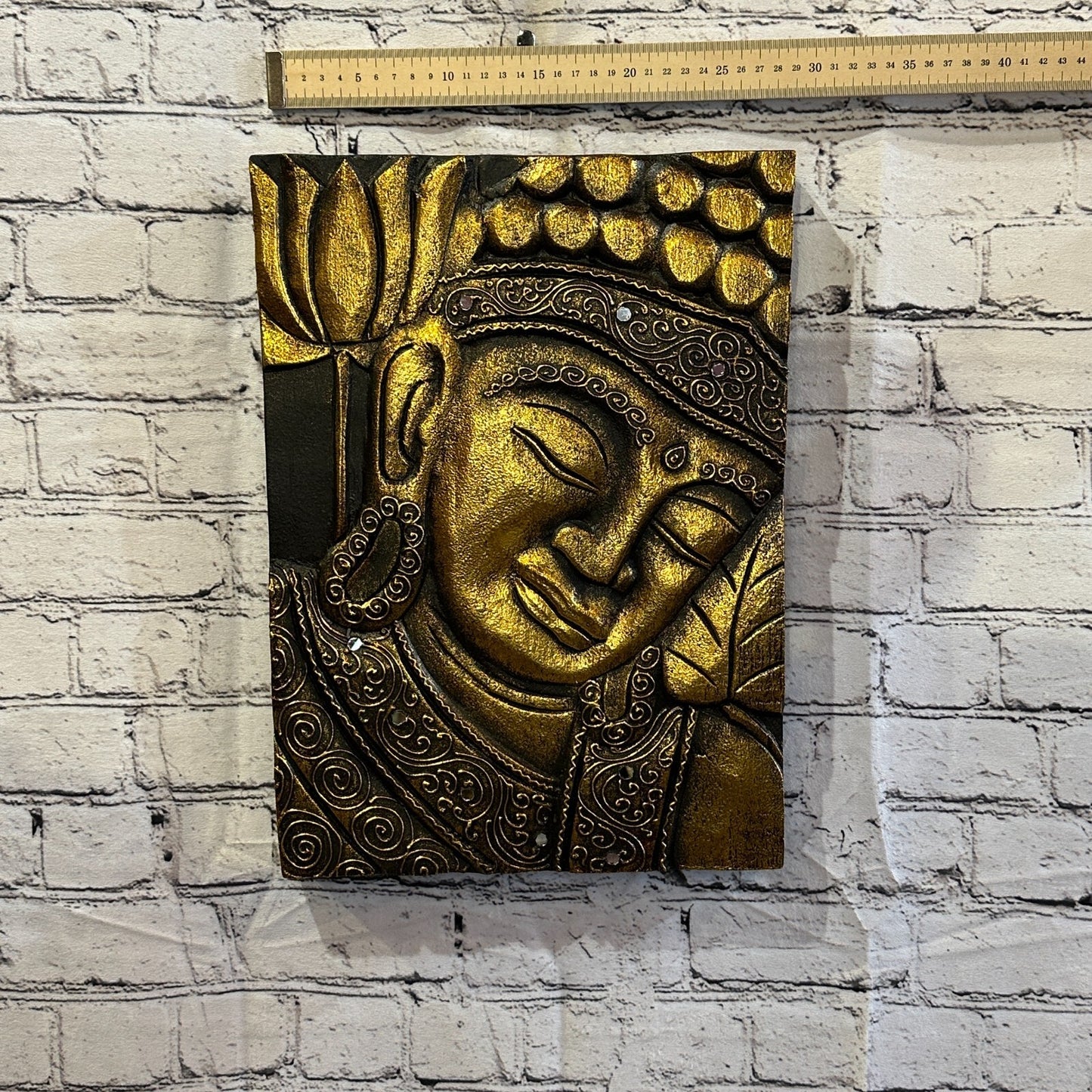 Wooden Wood Panel 40cm Brown Gold Buddha Tall Lotus Wall Art Plaque Handcarved