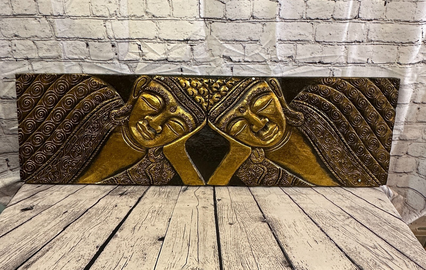 100cm x 30cm Buddha 2 Faces Gold Wooden Wood Panel Wall Art Plaque Handcarved