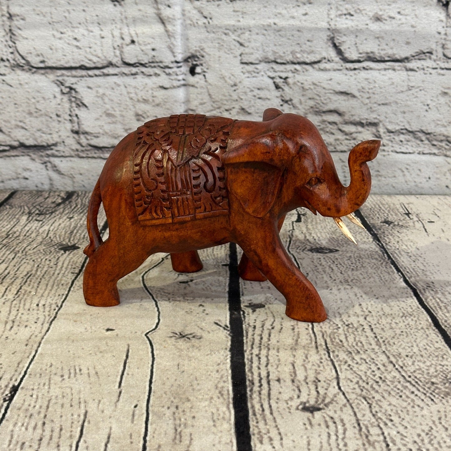 15cm x 10cm Carved Wooden Baby Elephant Wood Brown Sculpture Retro Handmade