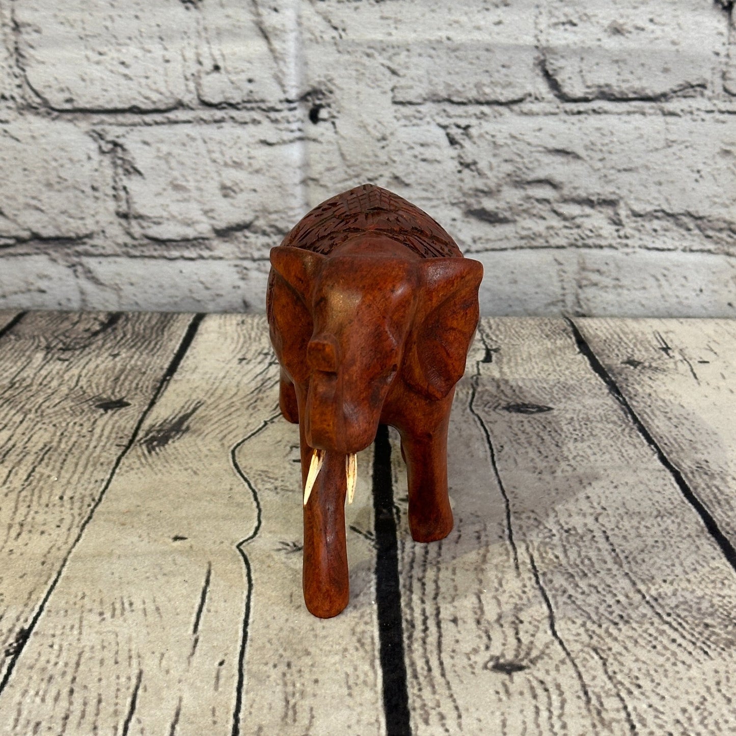 15cm x 10cm Carved Wooden Baby Elephant Wood Brown Sculpture Retro Handmade