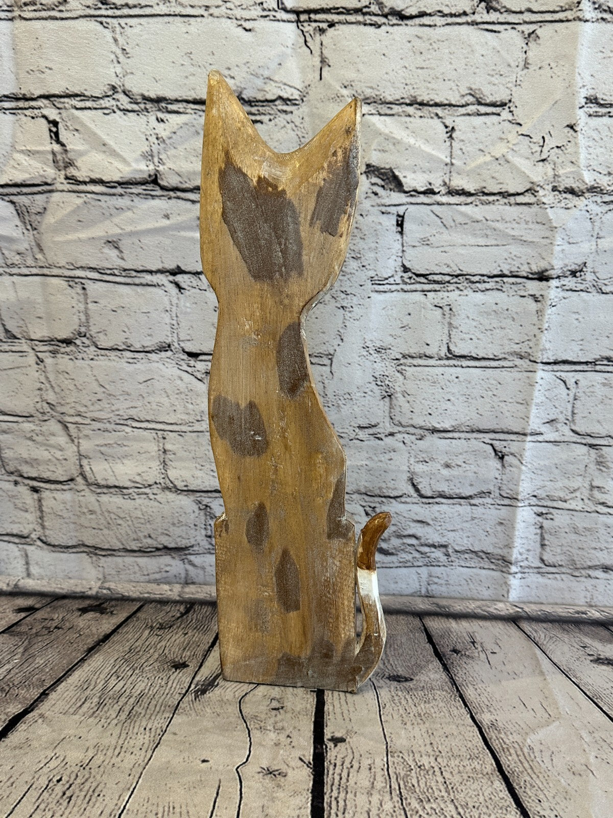 40cm Light Brown Flower Wooden Shabby Cat Statue Ornament Fair Trade Handcarved
