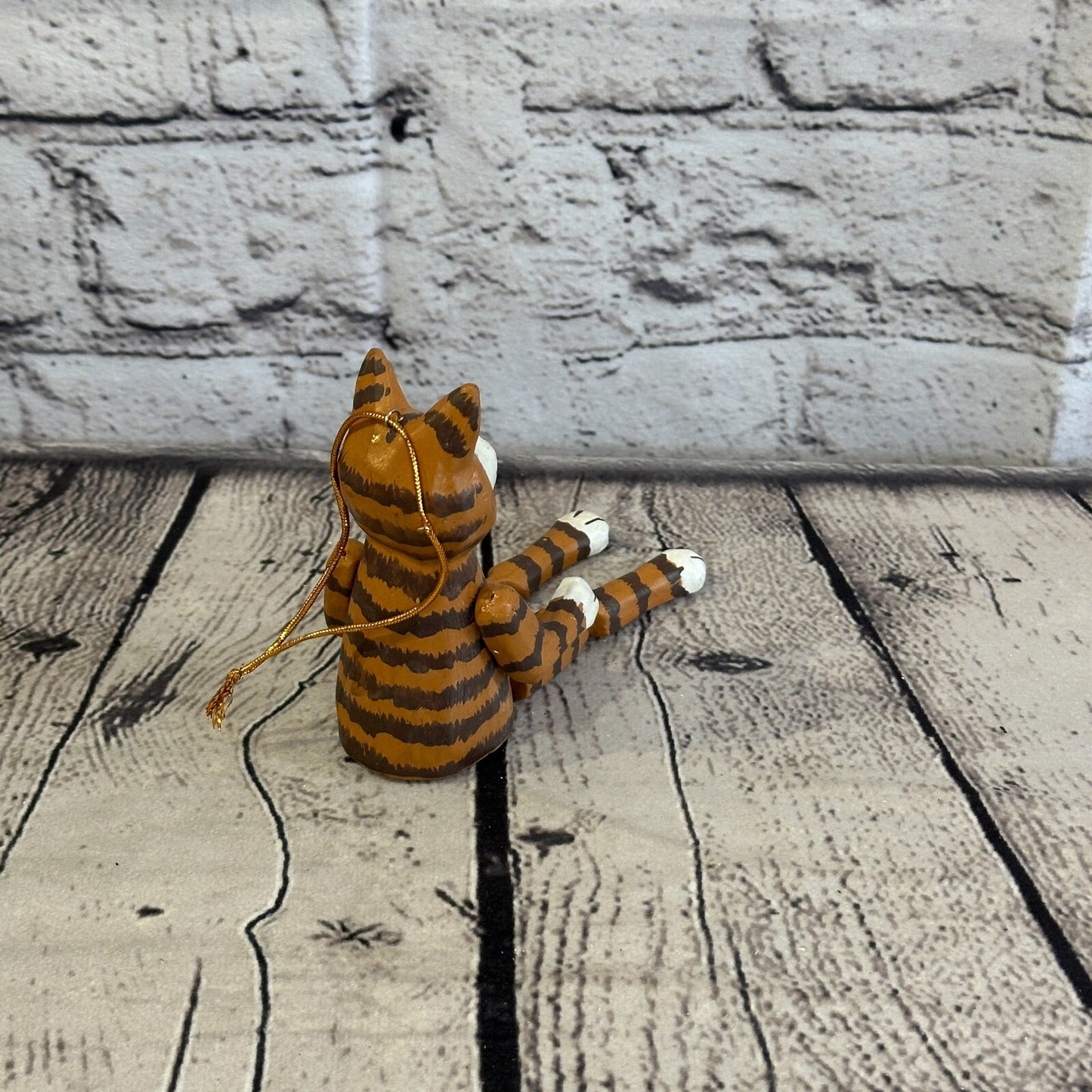 10cm Tabby Cat Sitting Animal, Wooden Shelf Ornament Handmade and Fairtrade