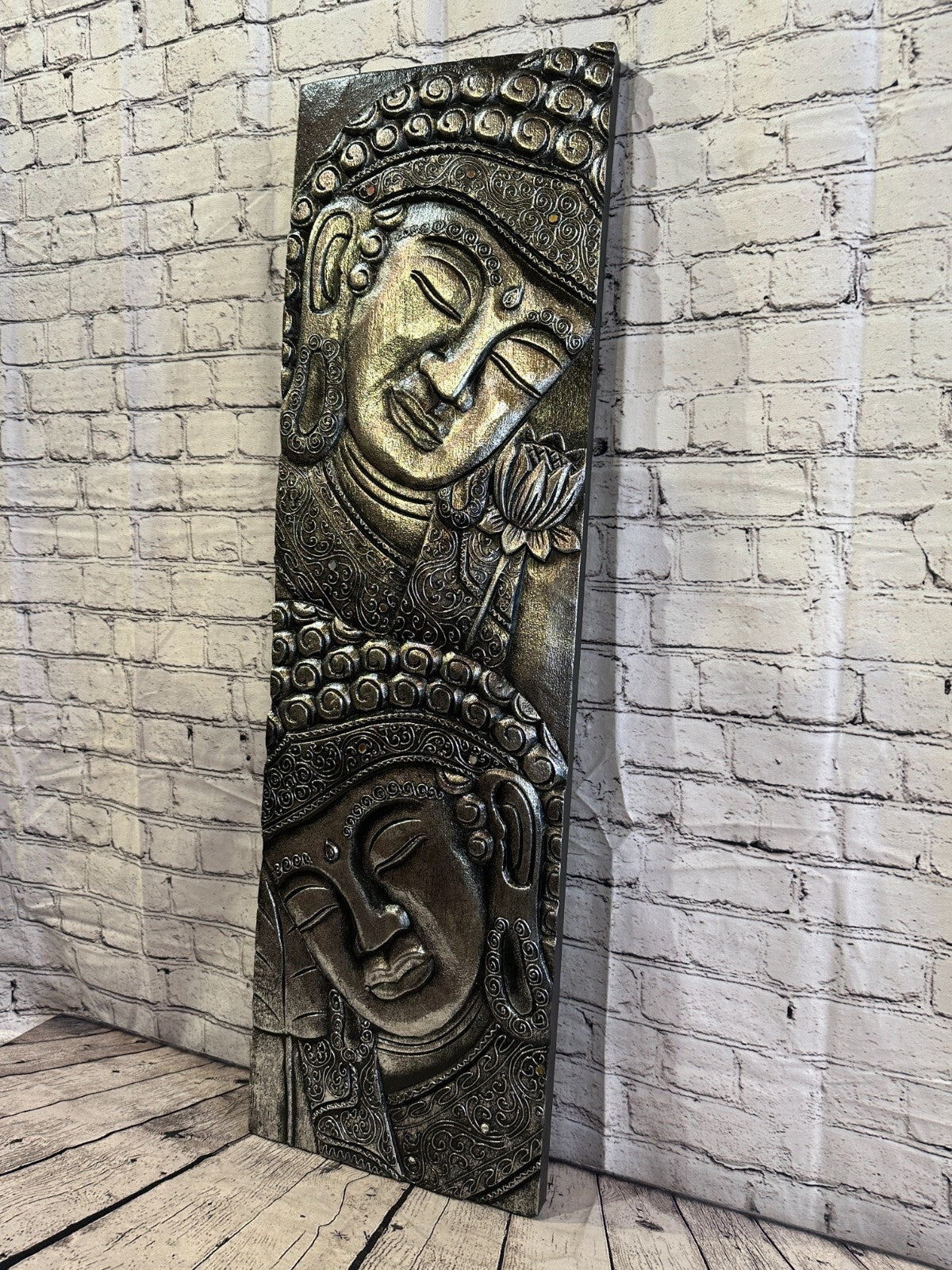 100cm x 30cm Tall Buddha 2 Faces Silver Wooden Wood Panel Wall Art Plaque