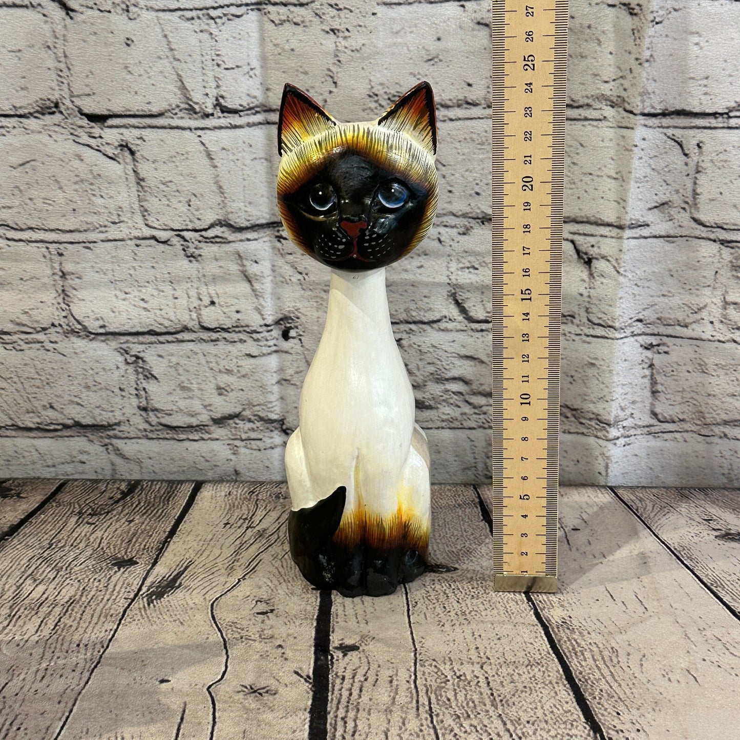 25cm x 7cm Siamese Sitting Bobble Style Painted Wooden Hand Carved Cat Wooden