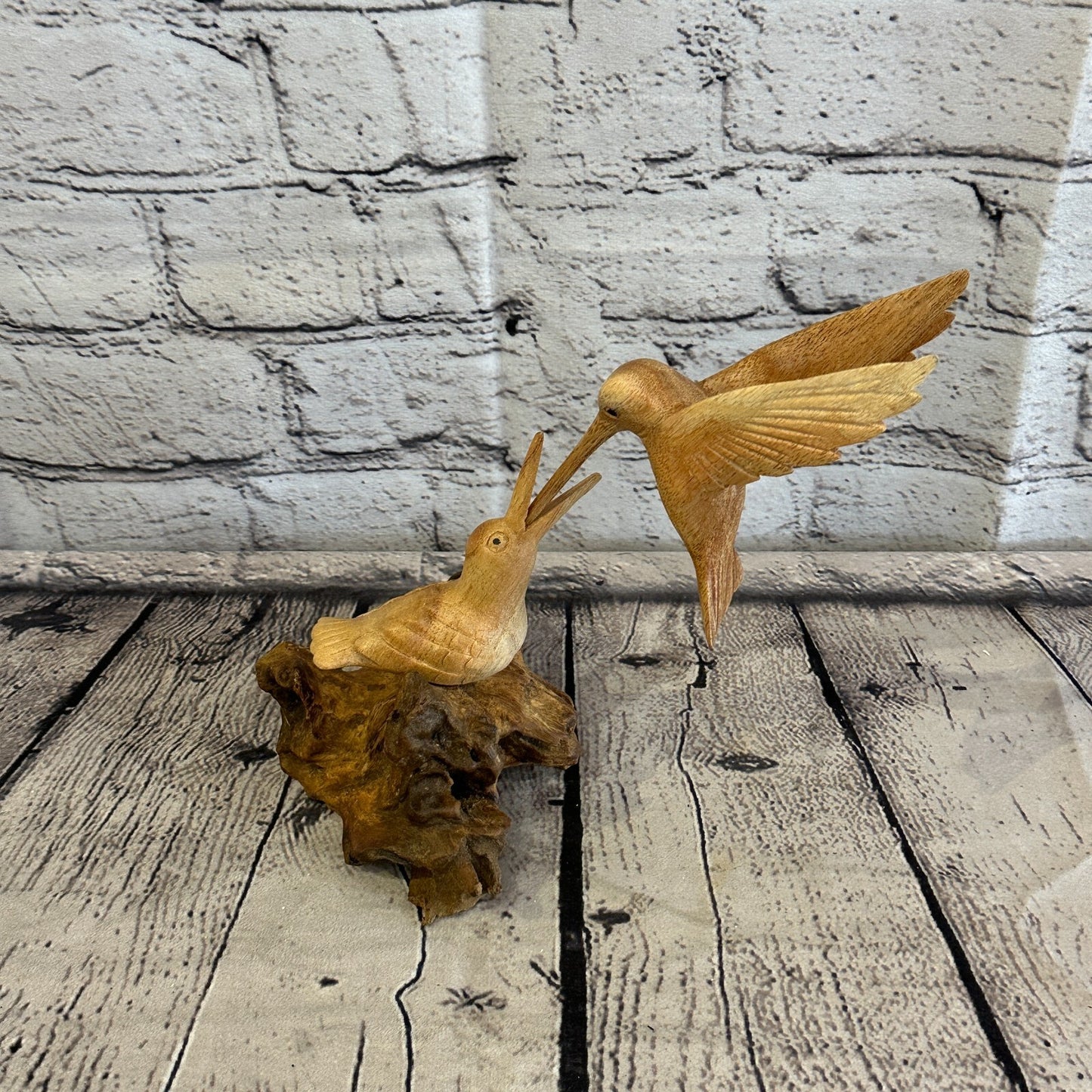 20cm Humming Bird With Baby Mushroom Parasite Ornament Natural Carving Wooden