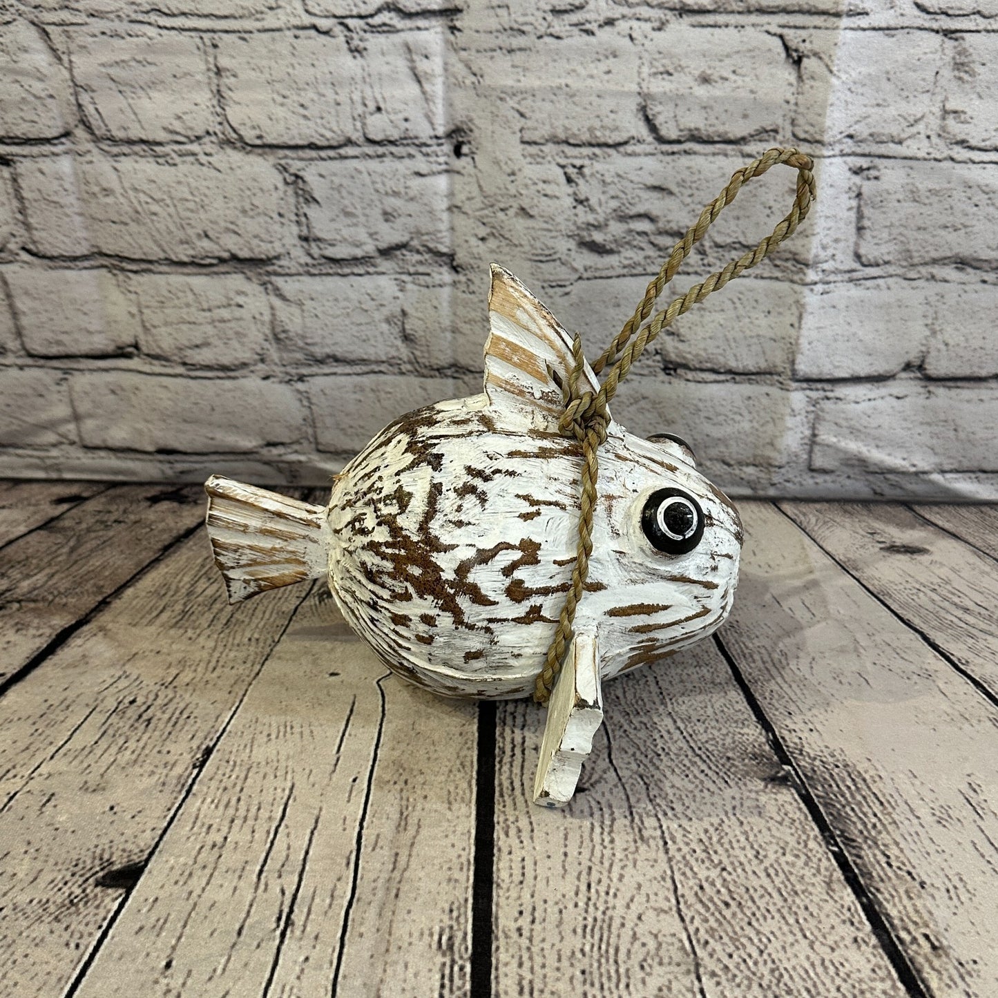 Plain White Folk Art Hand Painted Puffer Fish Coconut Shell Ornaments Hanging