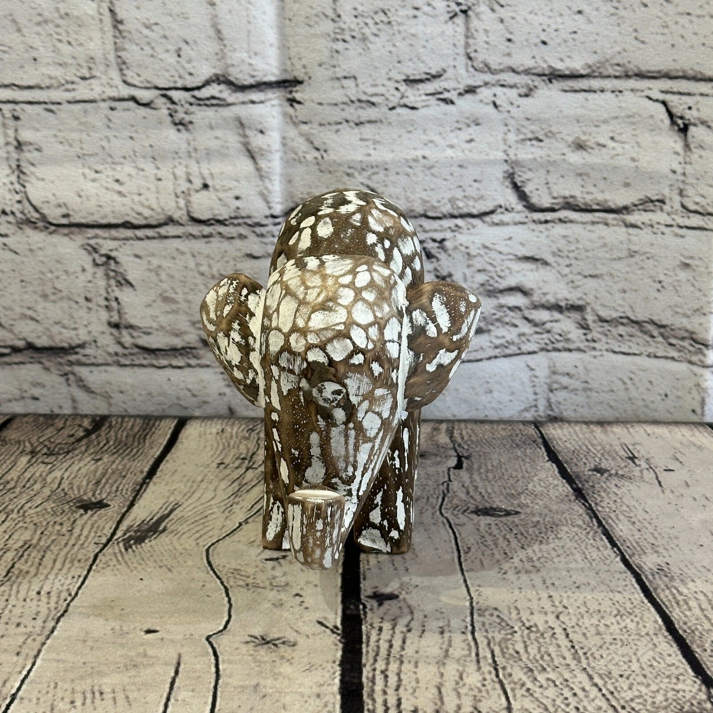 Brown Wooden Elephant With Shabby Pattern 12cm x 12cm Handmade and Fairtrade