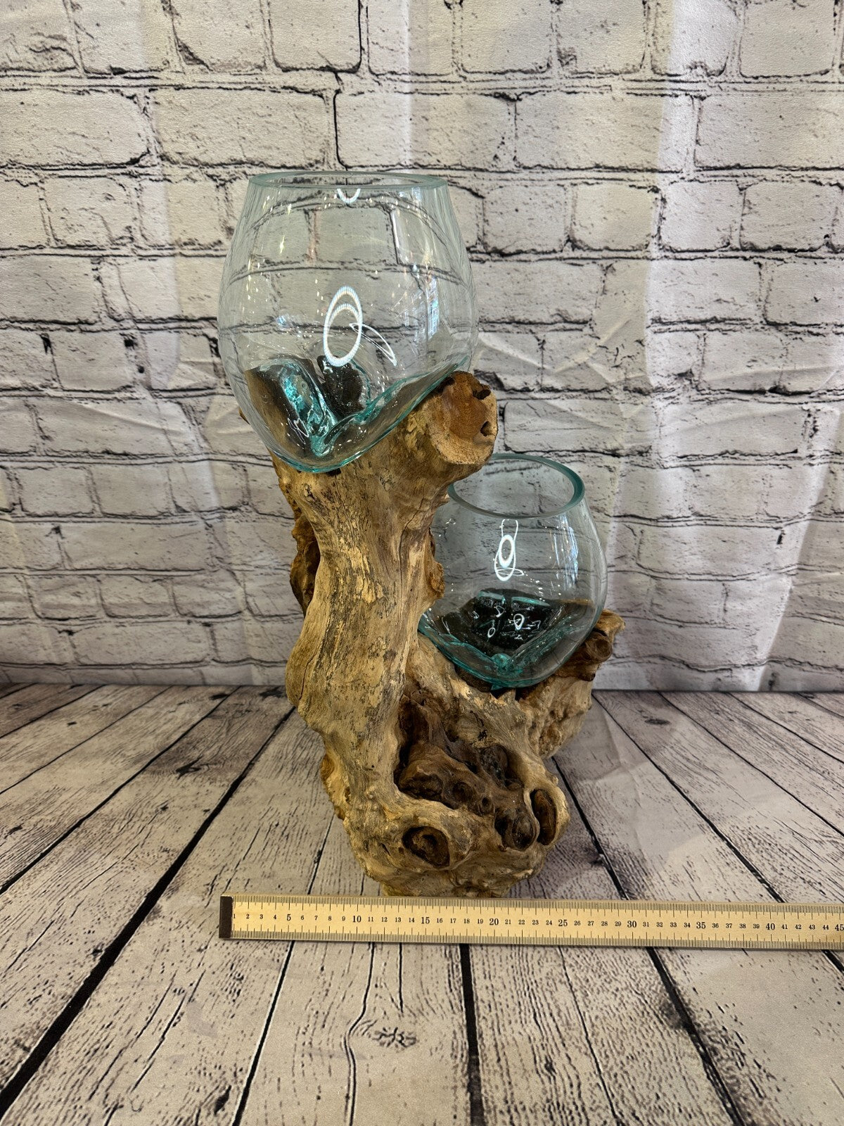 50cm Double Molten Glass Round Bowl Natural Root Wood Base Stand Decor Ornament