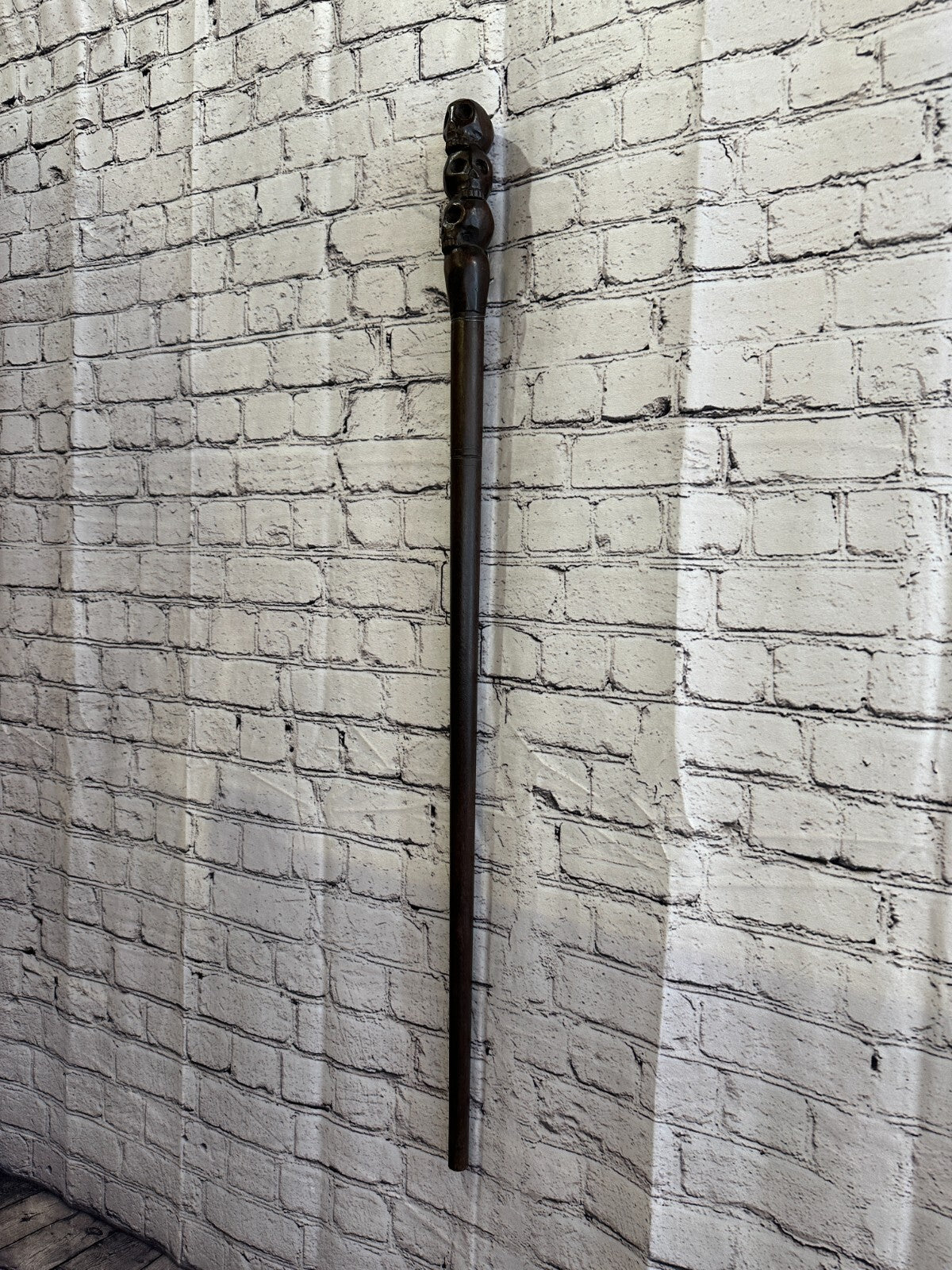 Pillar Three Skulls 90cm Tribal African Walking Stick Cane Hand Carved Dark Wood