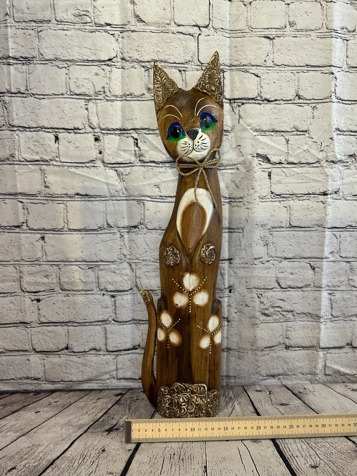 60cm Brown Swirl Flower Wooden Shabby Cat Statue Ornament Fair Trade Handcarved