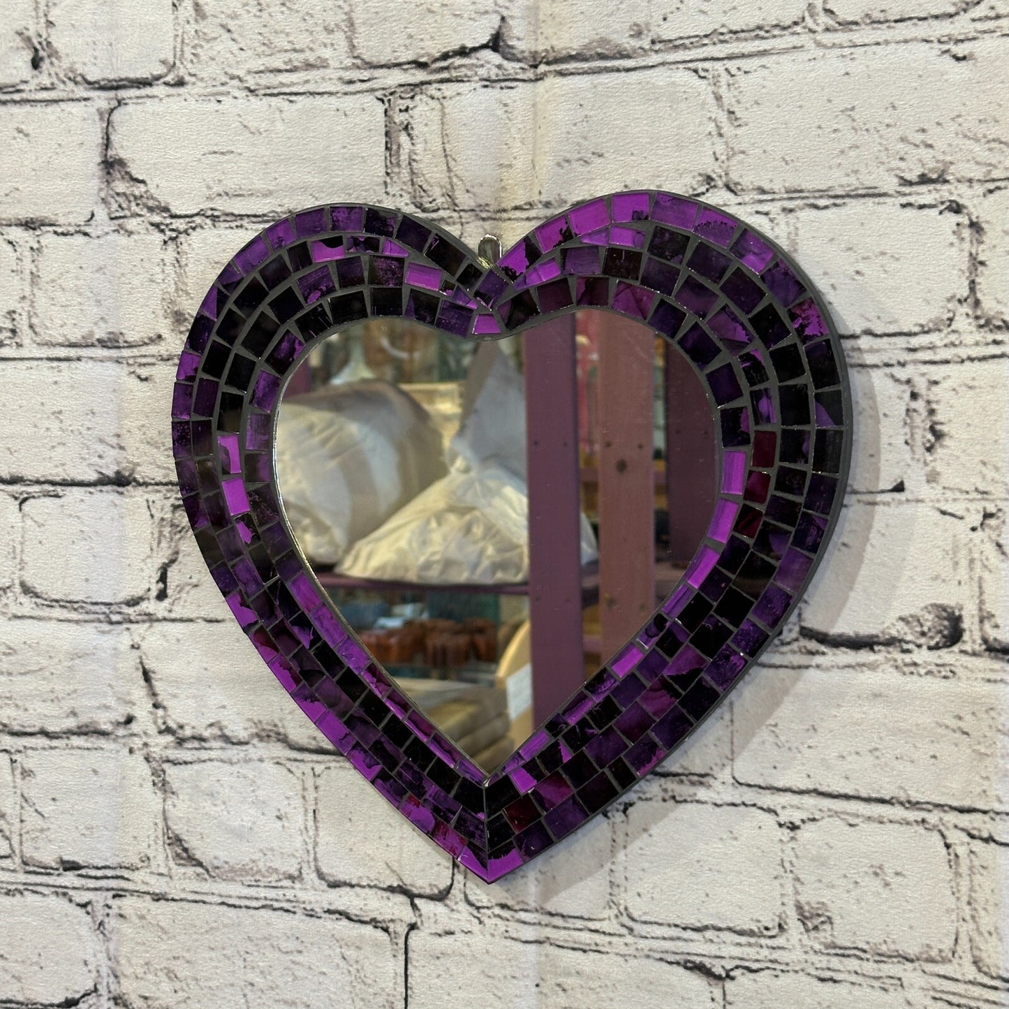 Purple Heart Shape Mosaic Tile Wall Mirror 28cm x 25cm 10 Inches Handmade New