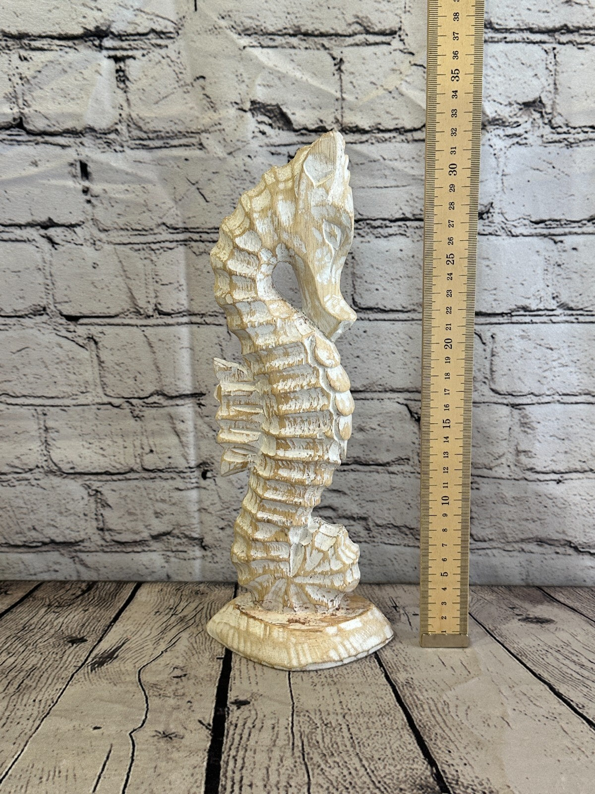 30cm White Plain Wooden Shabby Seahorse Statue Ornament Fair Trade Handcarved