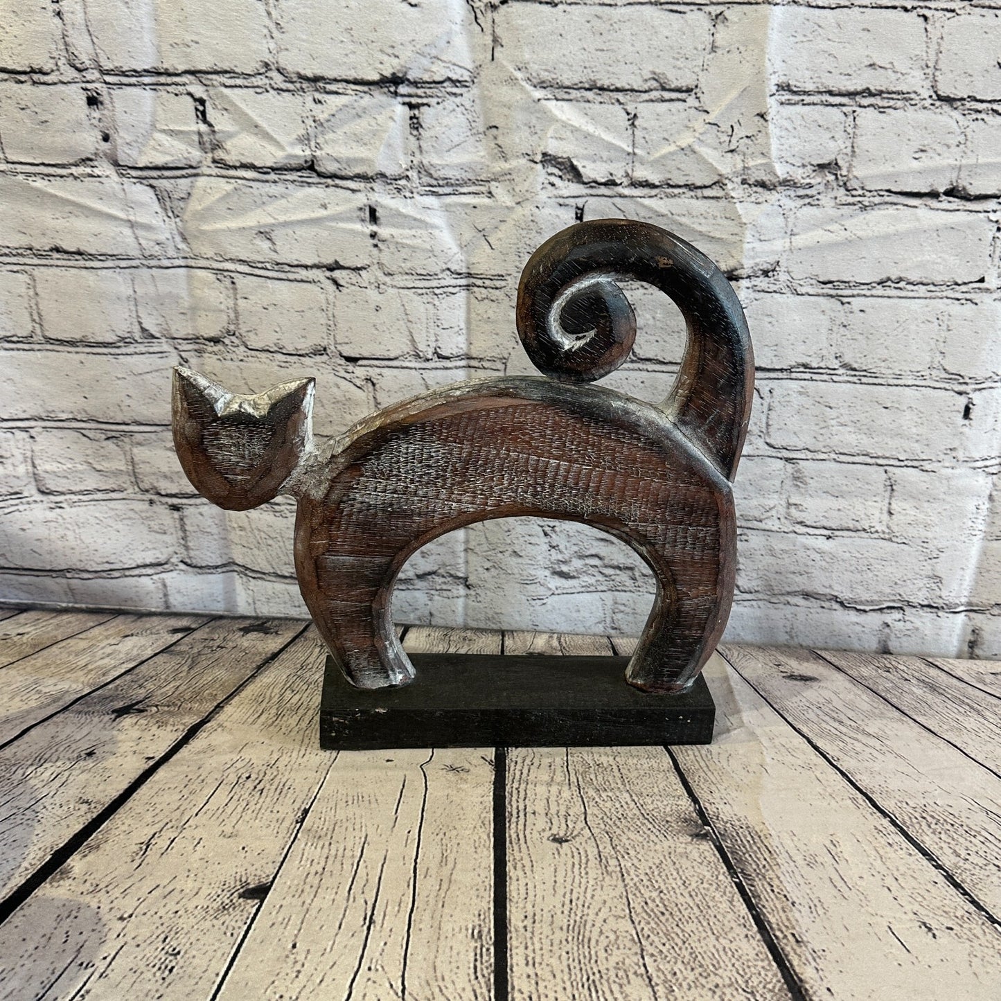 35cm x 35cm Wooden Tribal Primitive Black Cat Stand Sculpture Statue Art