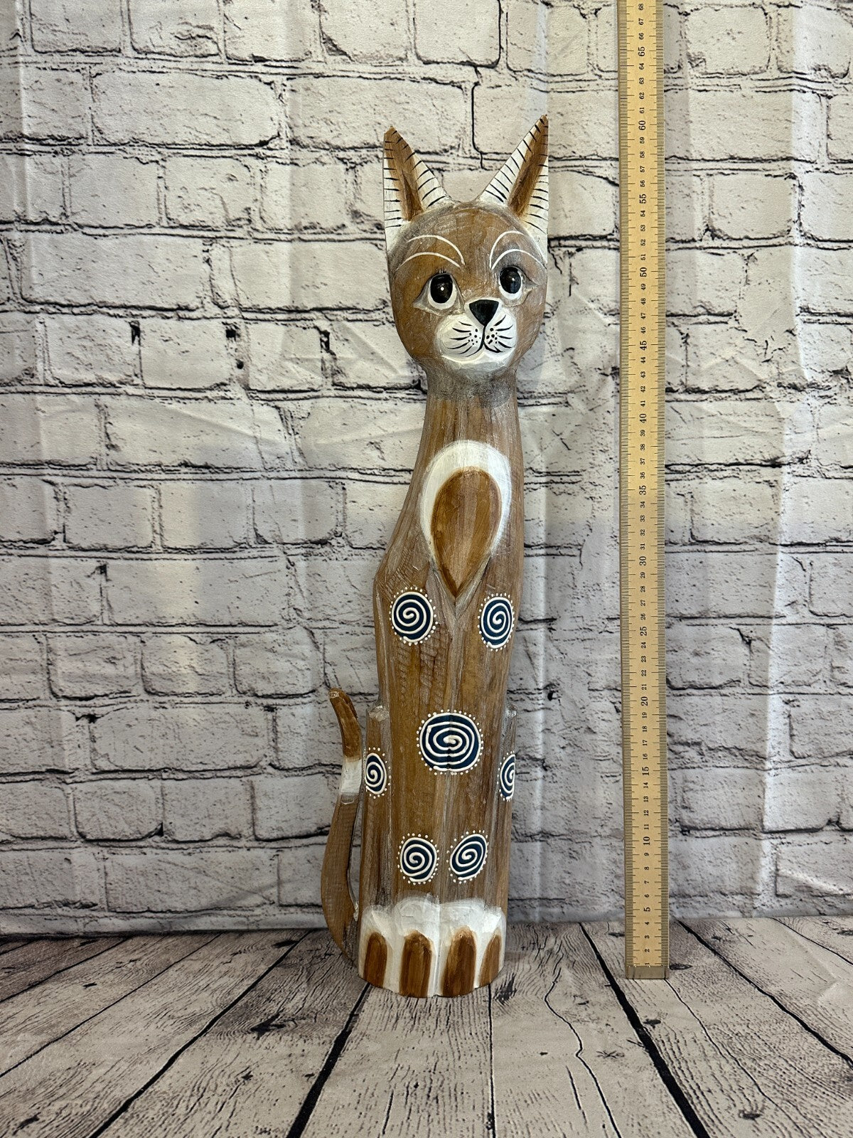 60cm Light Brown Flower Wooden Shabby Cat Statue Ornament Fair Trade Handcarved