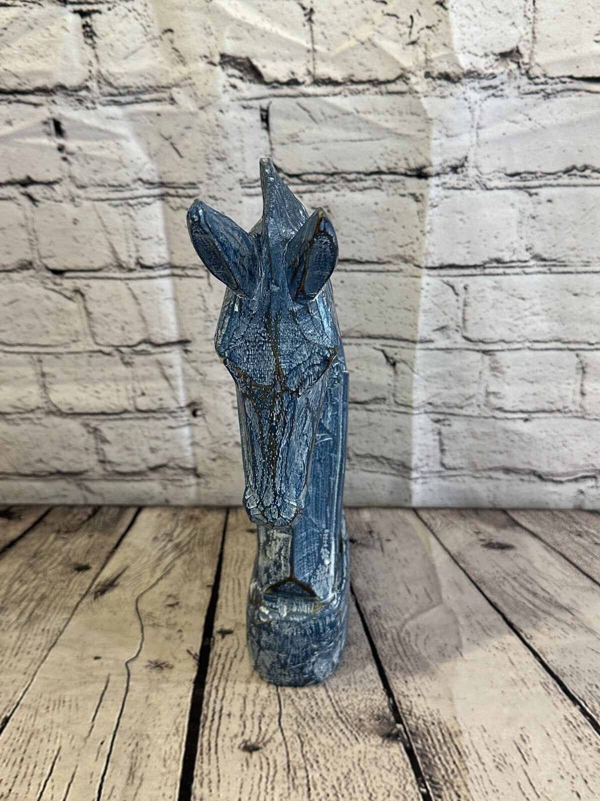 Blue Wooden 30cm x 18cm Horse Head Bust Hand Carved Wood Sculpture