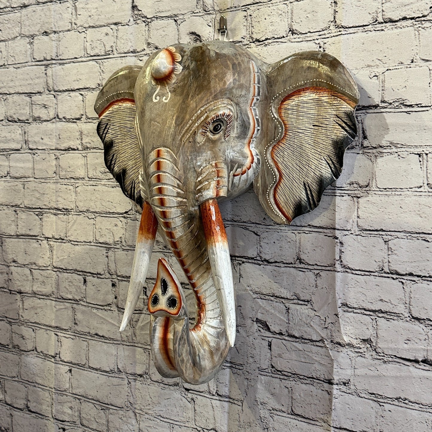50cm x 45cm Grey Painted Wood Elephant Head Wall Mounted Art Large Shabby