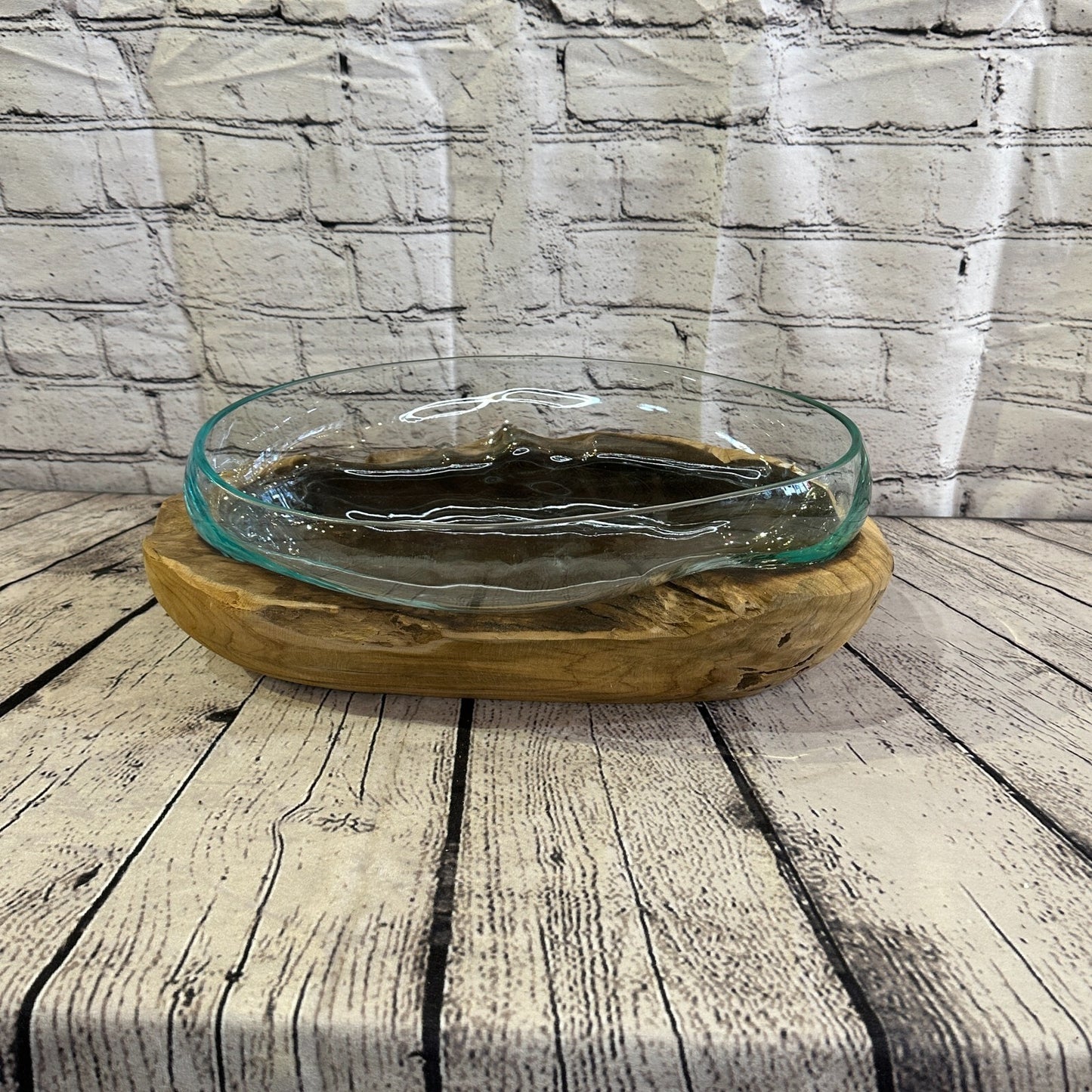 15cm x 40cm Molten Glass Round Bowl Natural Root Wood Base Stand Decor Ornament