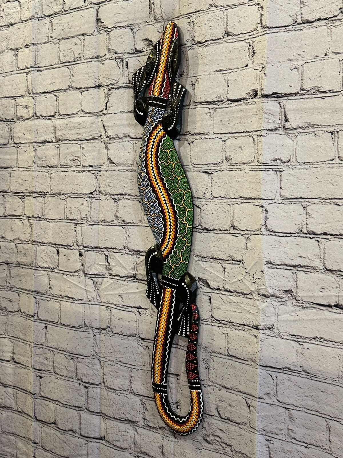 80cm Gecko Carved Wooden Dot Painted Ethnic Tribal Tiki Wall Handmade No 2