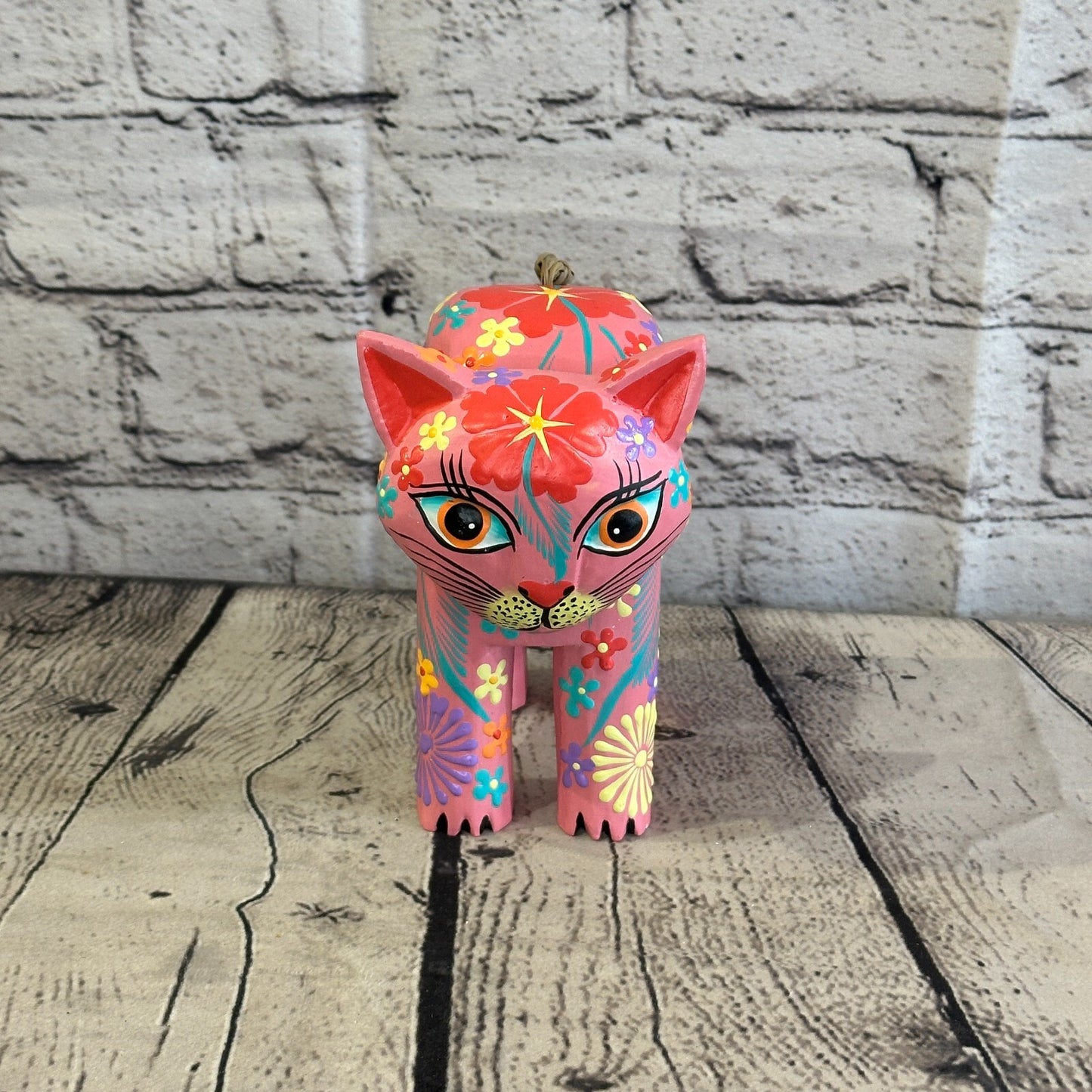 Pink Large Wooden Cat With Flower Pattern 15cm x 10cm Handmade and Fairtrade