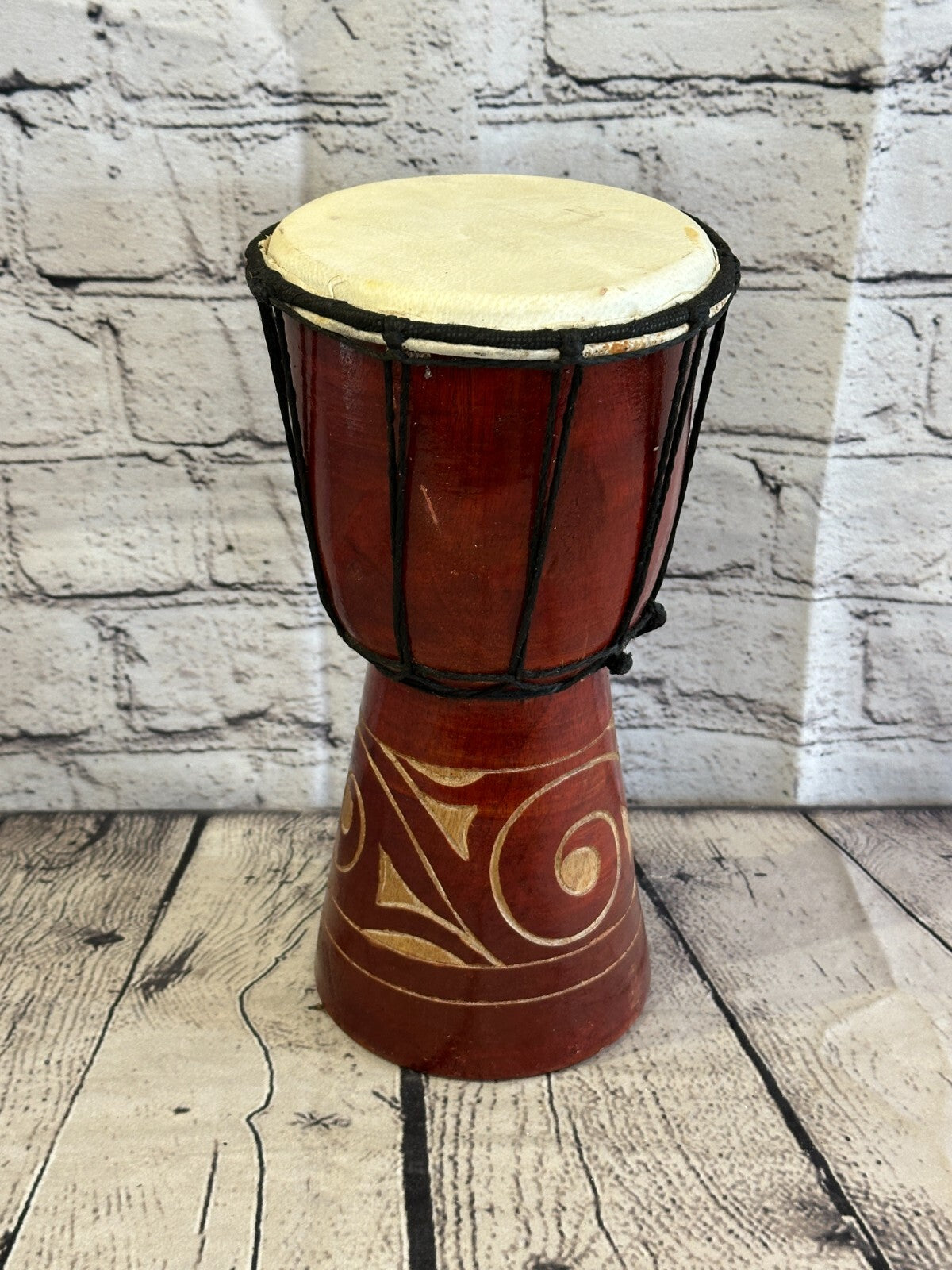 25cm Carved Wooden Djembe Bongo Painted African Influenced Drum High Handmade