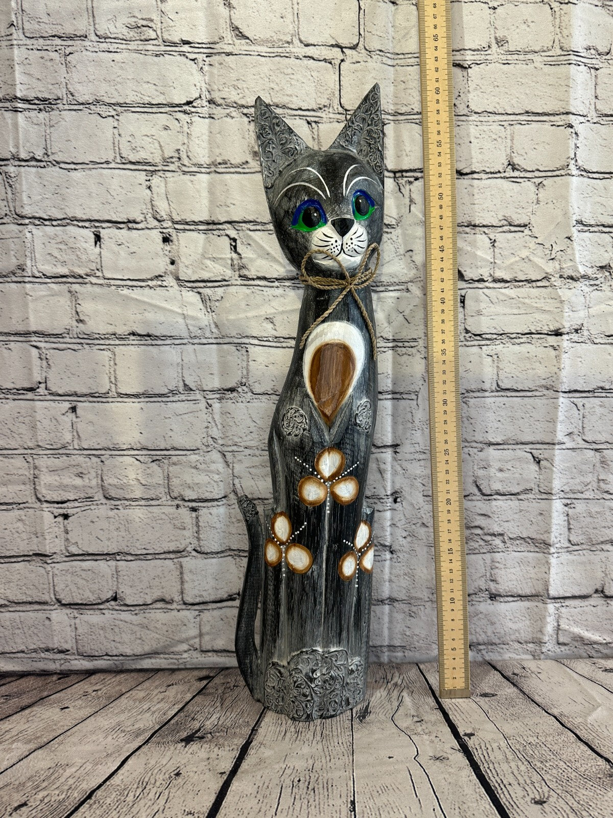 60cm Grey Swirl Flower Wooden Shabby Cat Statue Ornament Fair Trade Handcarved