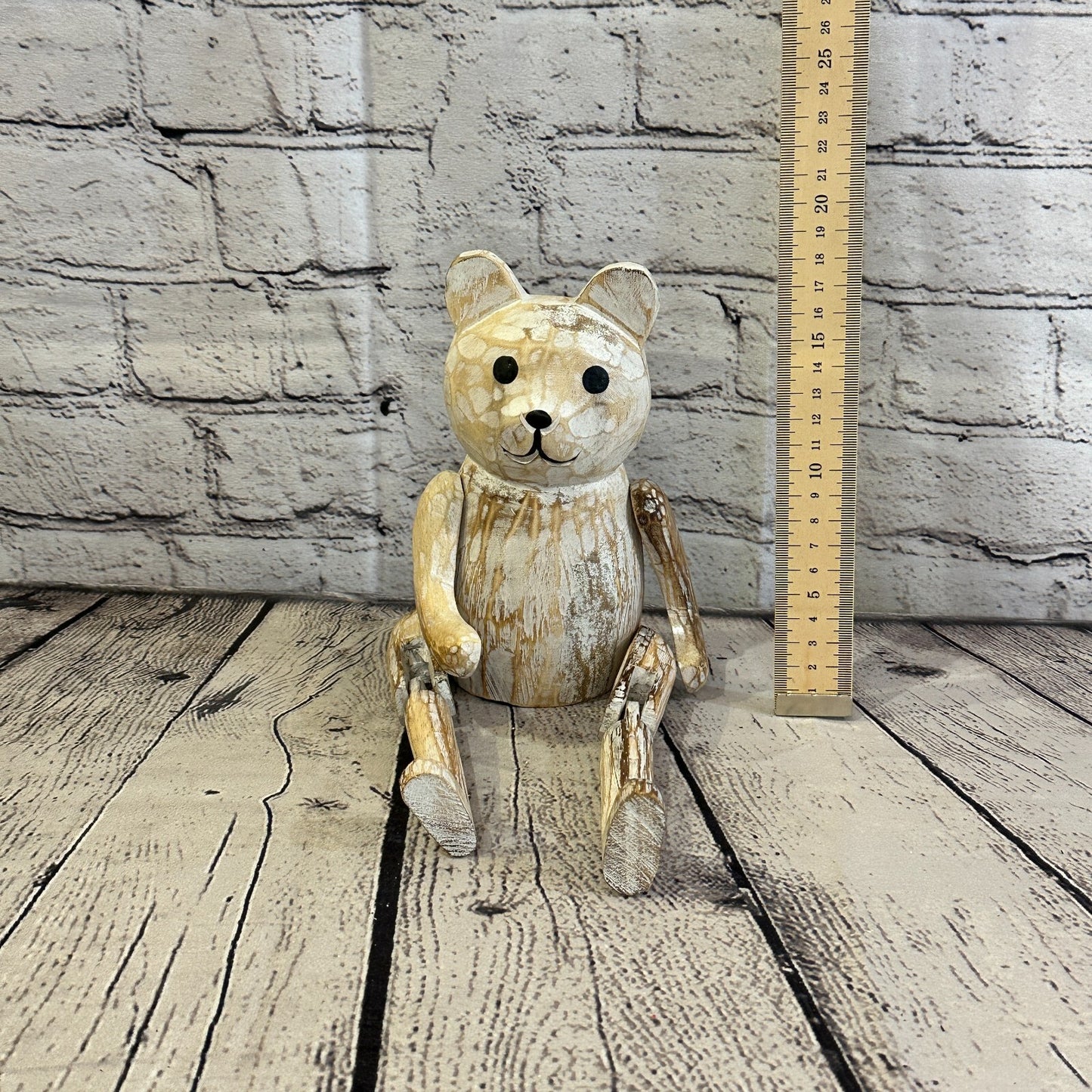 18cm Shabby White Teddy Sitting Animal Wooden Shelf Ornament Handmade Fairtrade