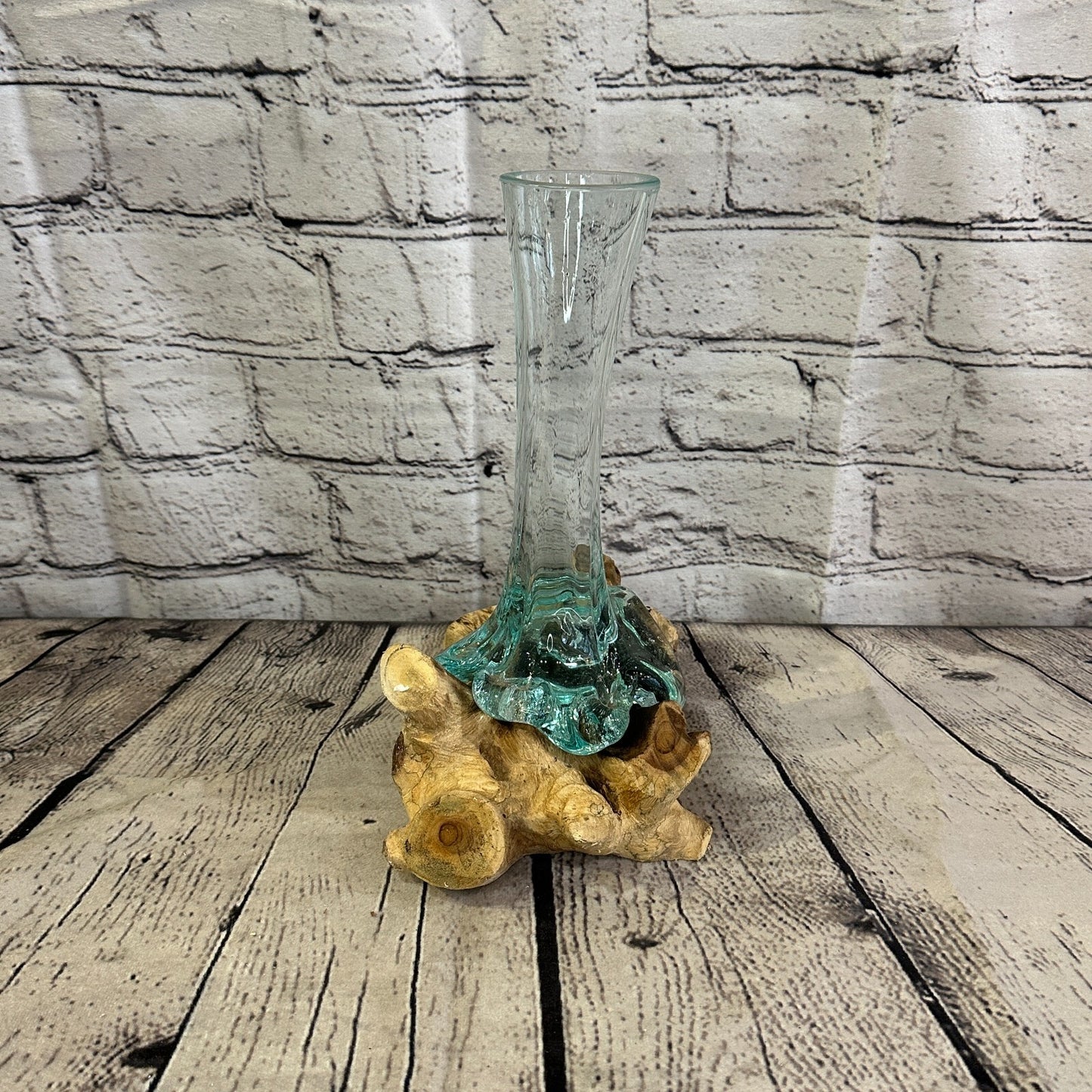 25cm x 15cm Molten Glass Round Vase Natural Root Wood Base Stand Decor Ornament