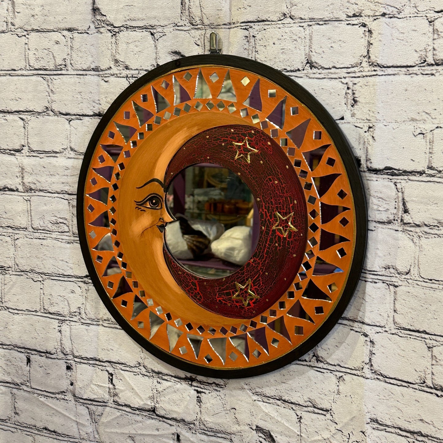 Red Full Moon Mosaic Tile Wall Mirror 40cm x 40cm 16 Inches Handmade Fairtrade