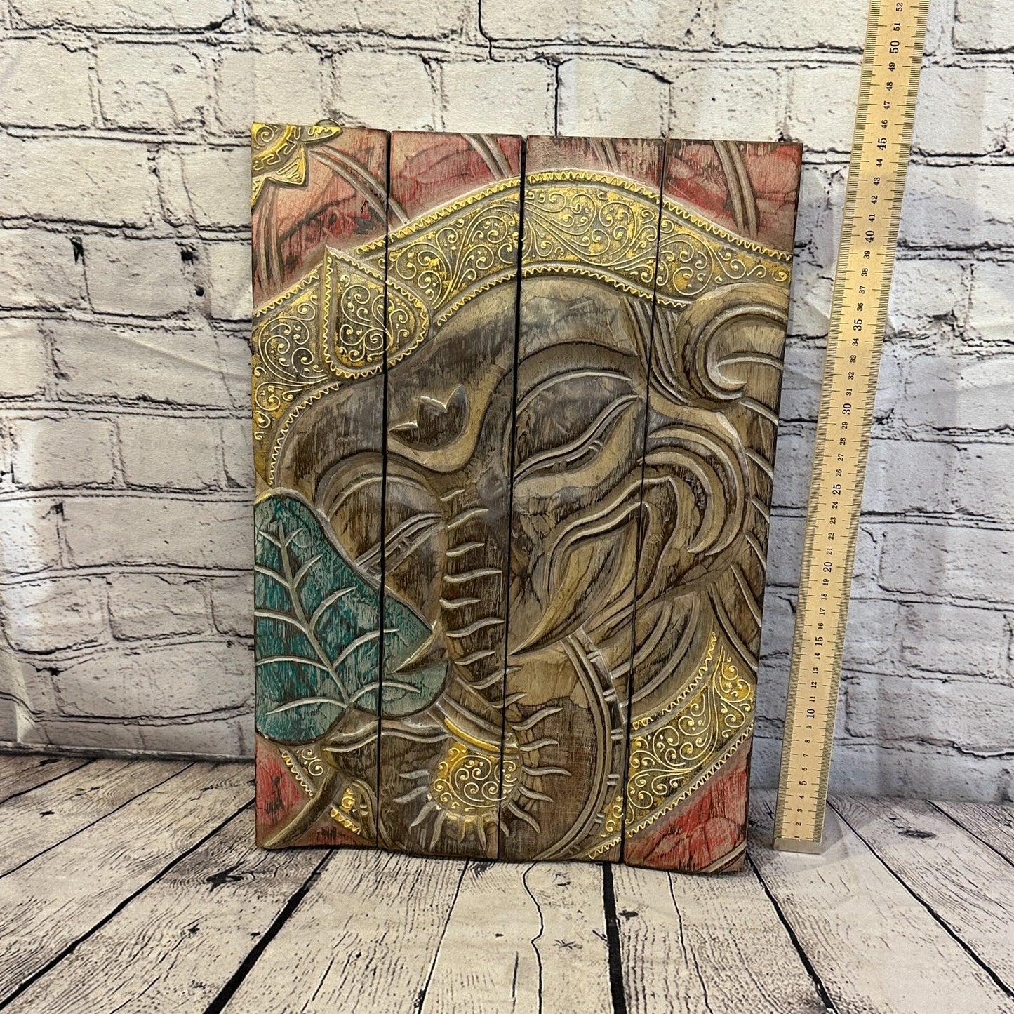 Wooden Wood Panel 45cm Pastel Colour Ganesh Lotus Wall Art Plaque Handcarved
