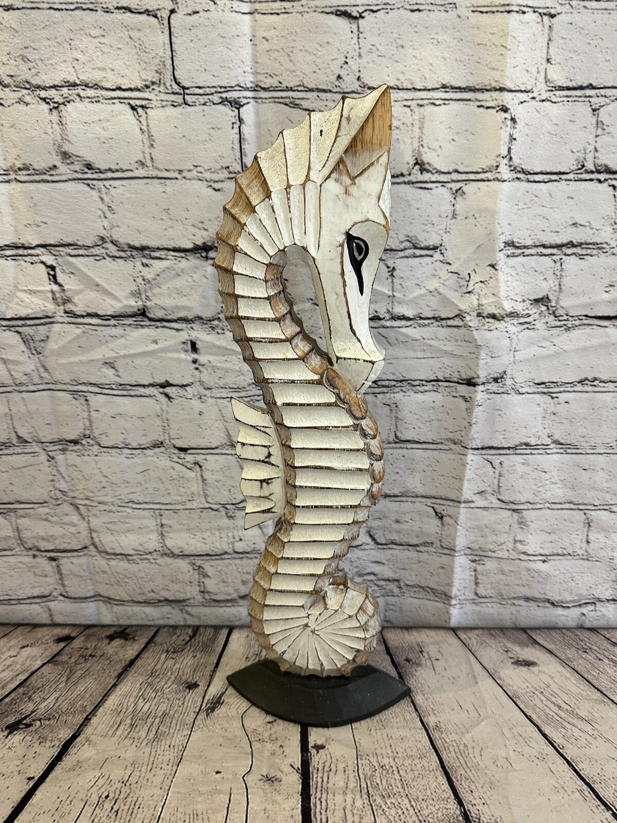 50cm White Brown Wooden Shabby Seahorse Statue Ornament Fair Trade Handcarved