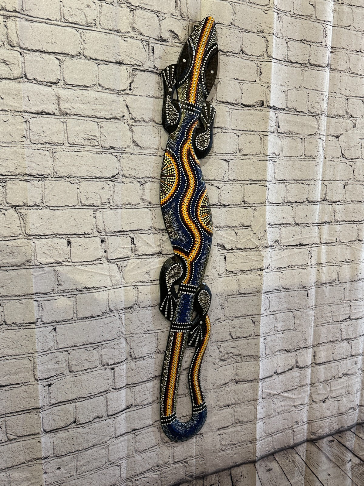 100cm Gecko Carved Wooden Dot Painted Ethnic Tribal Tiki Wall Handmade No 4