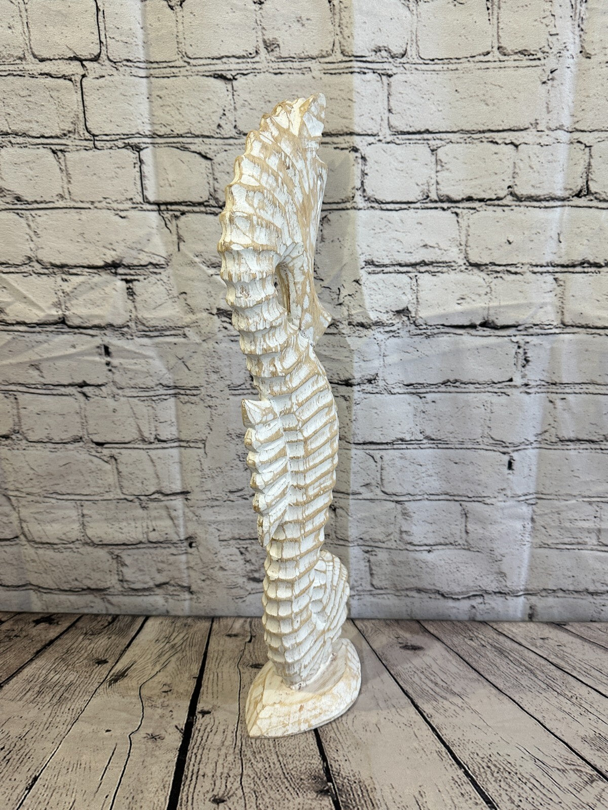 50cm White Plain Wooden Shabby Seahorse Statue Ornament Fair Trade Handcarved