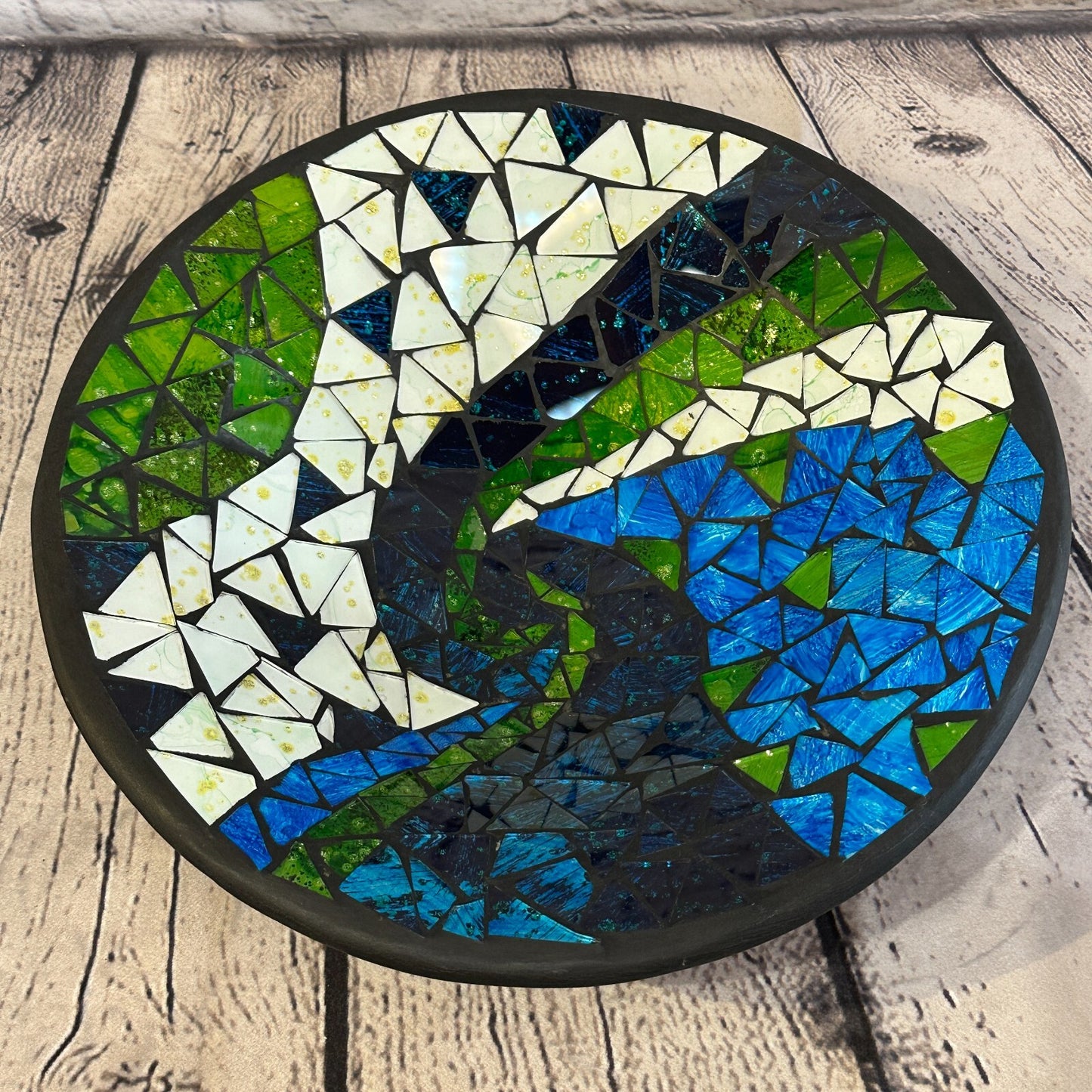 28cm Blue Green Swirl Round Mosaic Handmade Ceramic Glass Tile Bowl Fruit