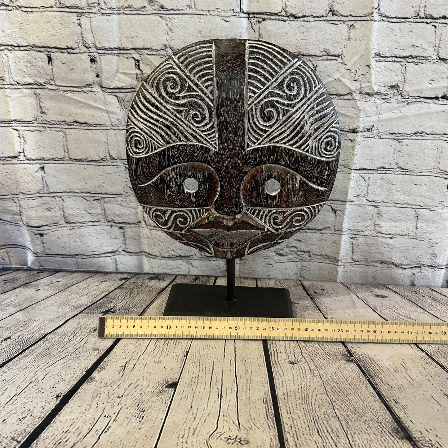 40cm x 35cm Wooden Tribal Primitive Black Mask Stand Sculpture Statue Art