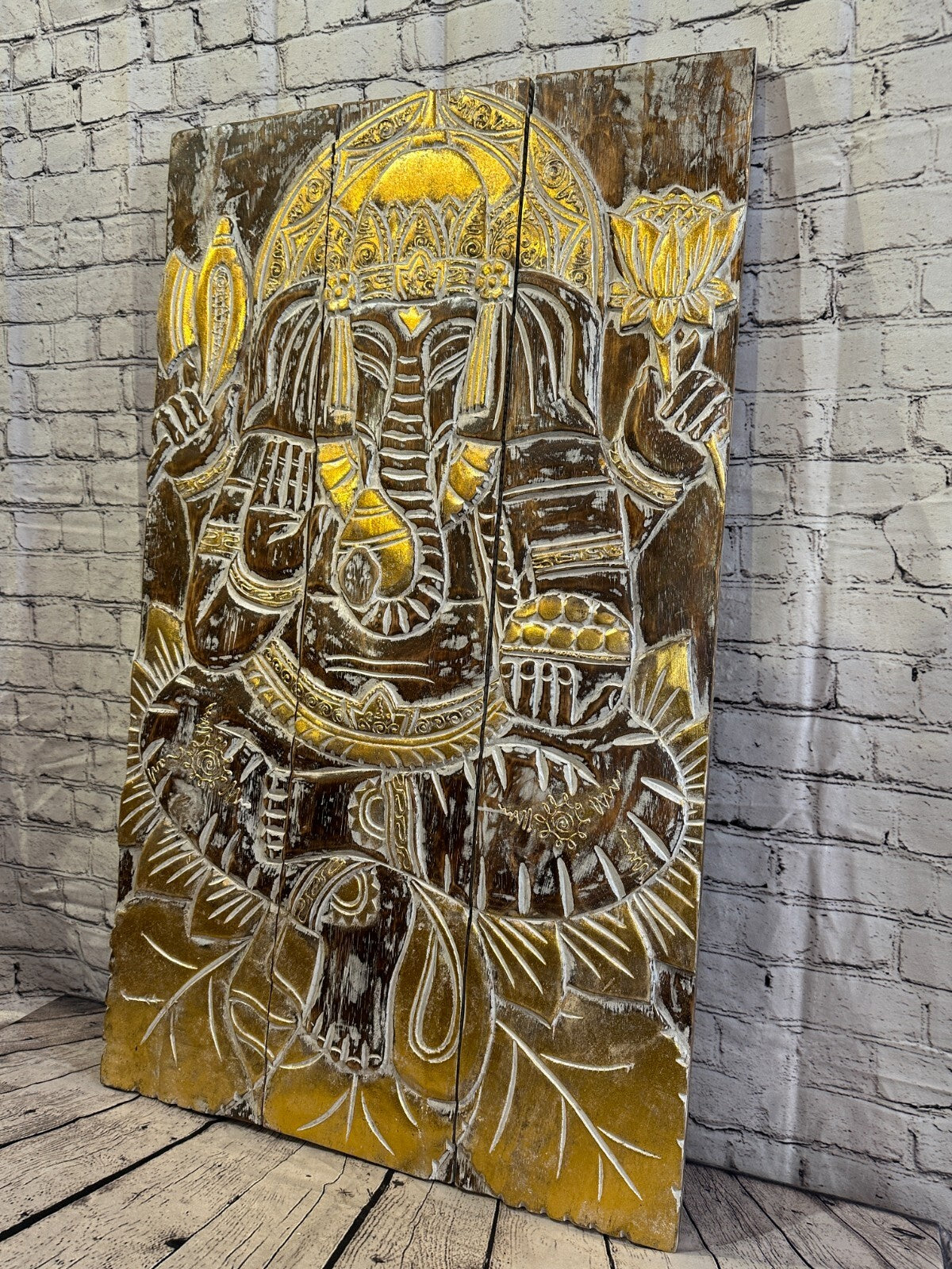 100cm x 60cm Ganesha Brown Gold Wooden Wood Panel Wall Art Plaque Handcarved