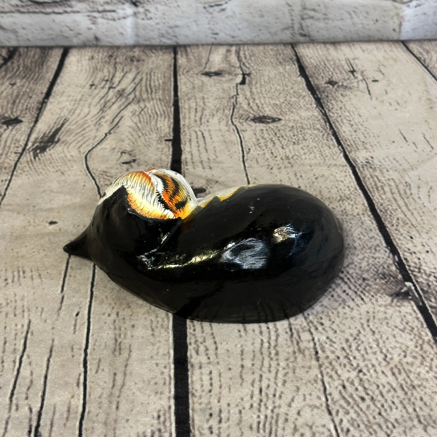 14cm Black Style Painted Wooden Hand Carved Snoozing Cat Sleeping Cat Wooden