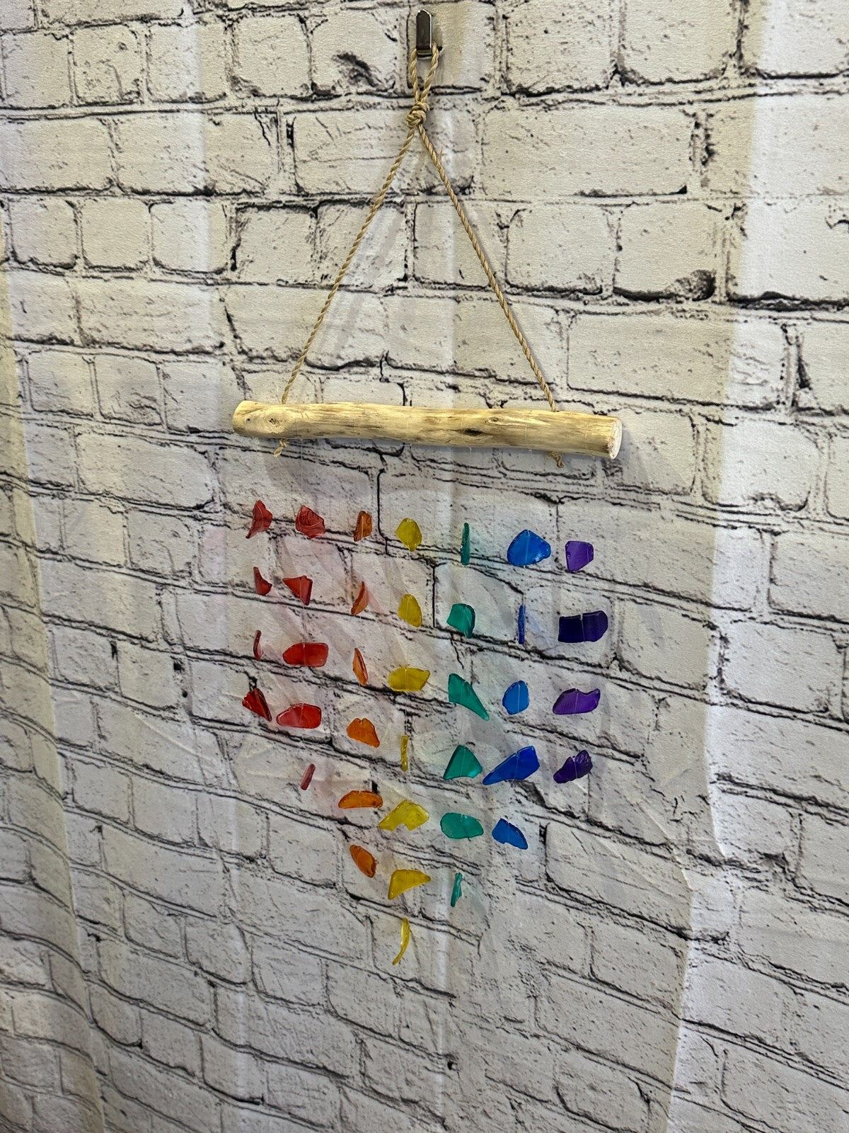 45cm x 25cm Rainbow Wind Recycled Glass Driftwood Handmade Garden Home Mobile